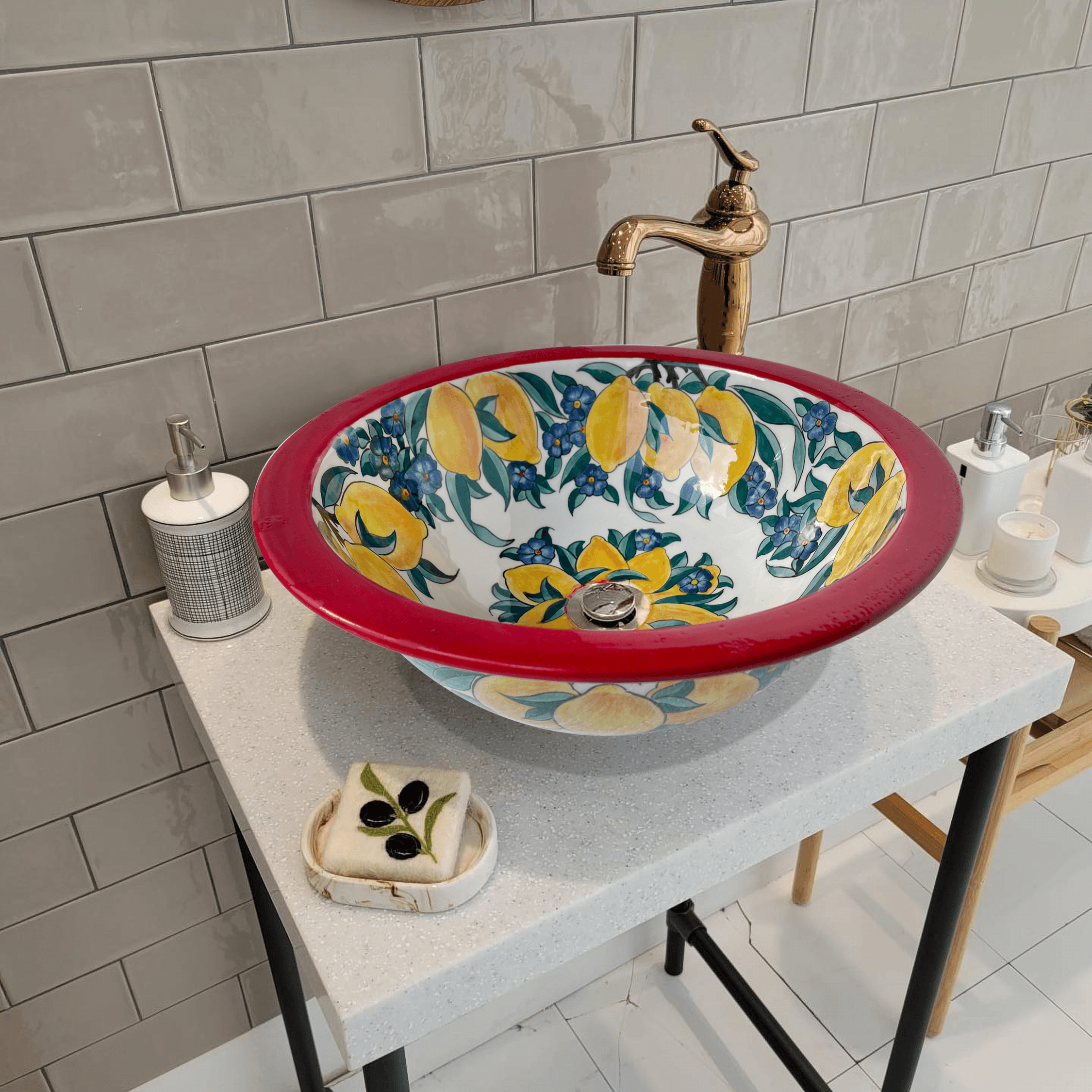 Hand Painted Bathroom Vanity Top Ceramic Vessel Sink - Lemons