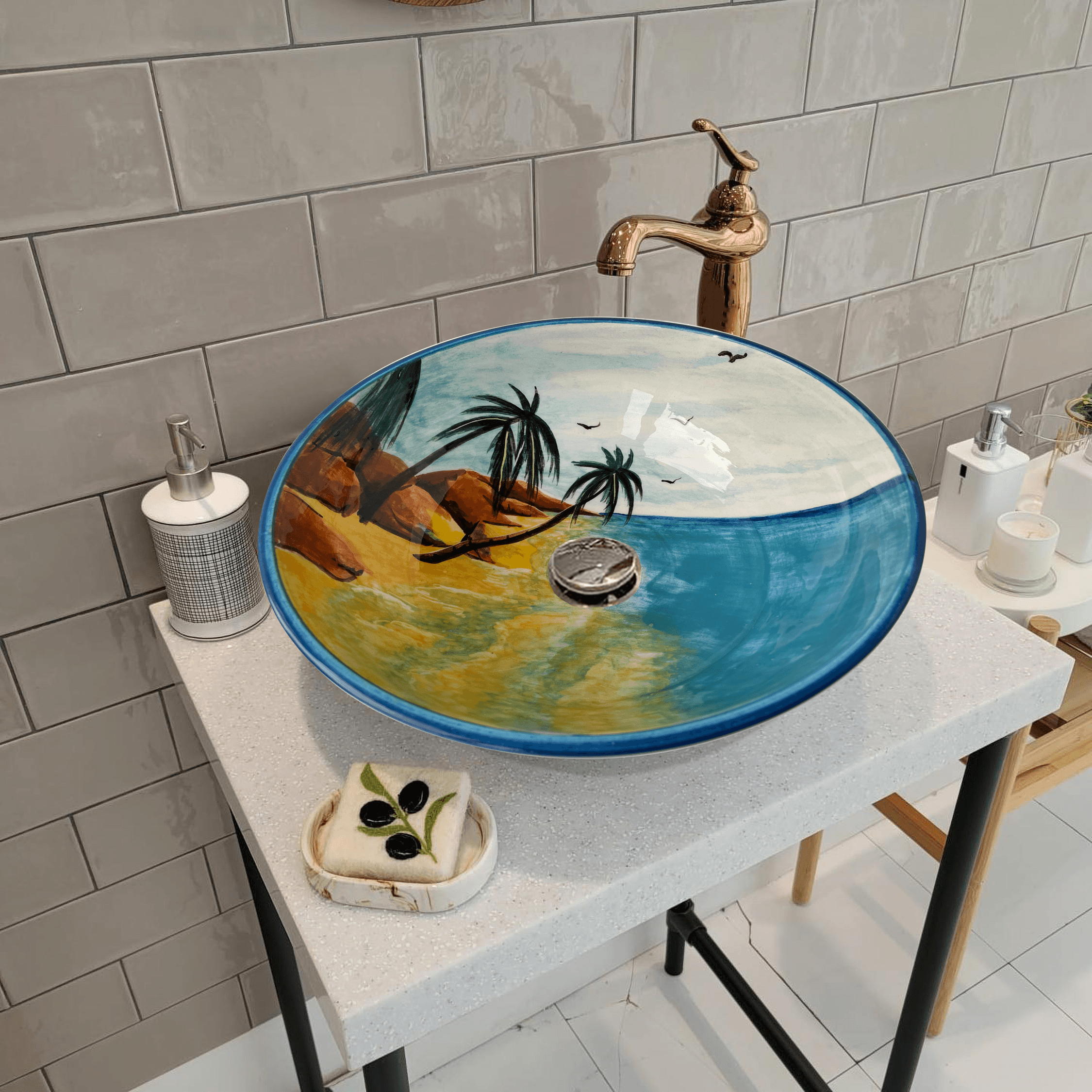 Hand Painted Bathroom Vanity Top Ceramic Vessel Sink - Oasis in the Desert