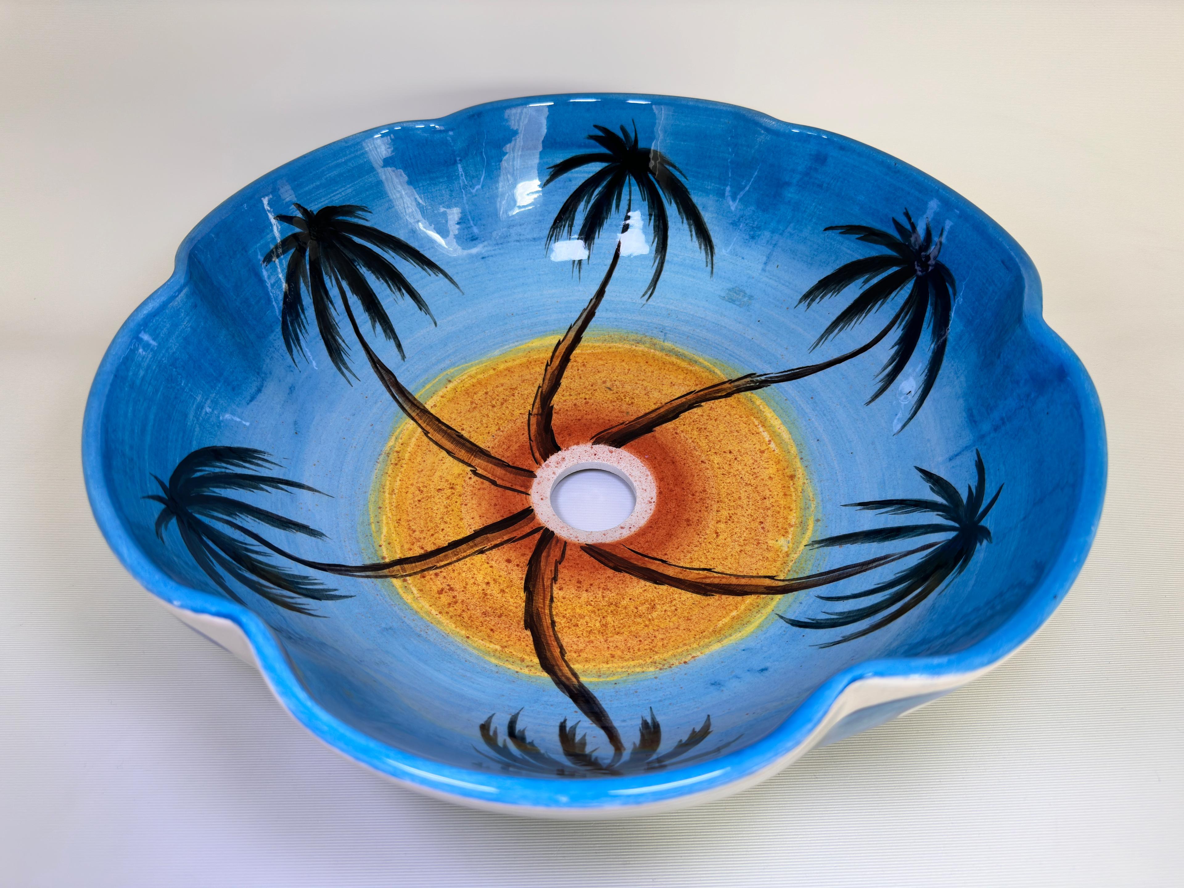 Hand Painted Above Counter Bathroom Flower Shaped Sink - Palm Trees and Waves