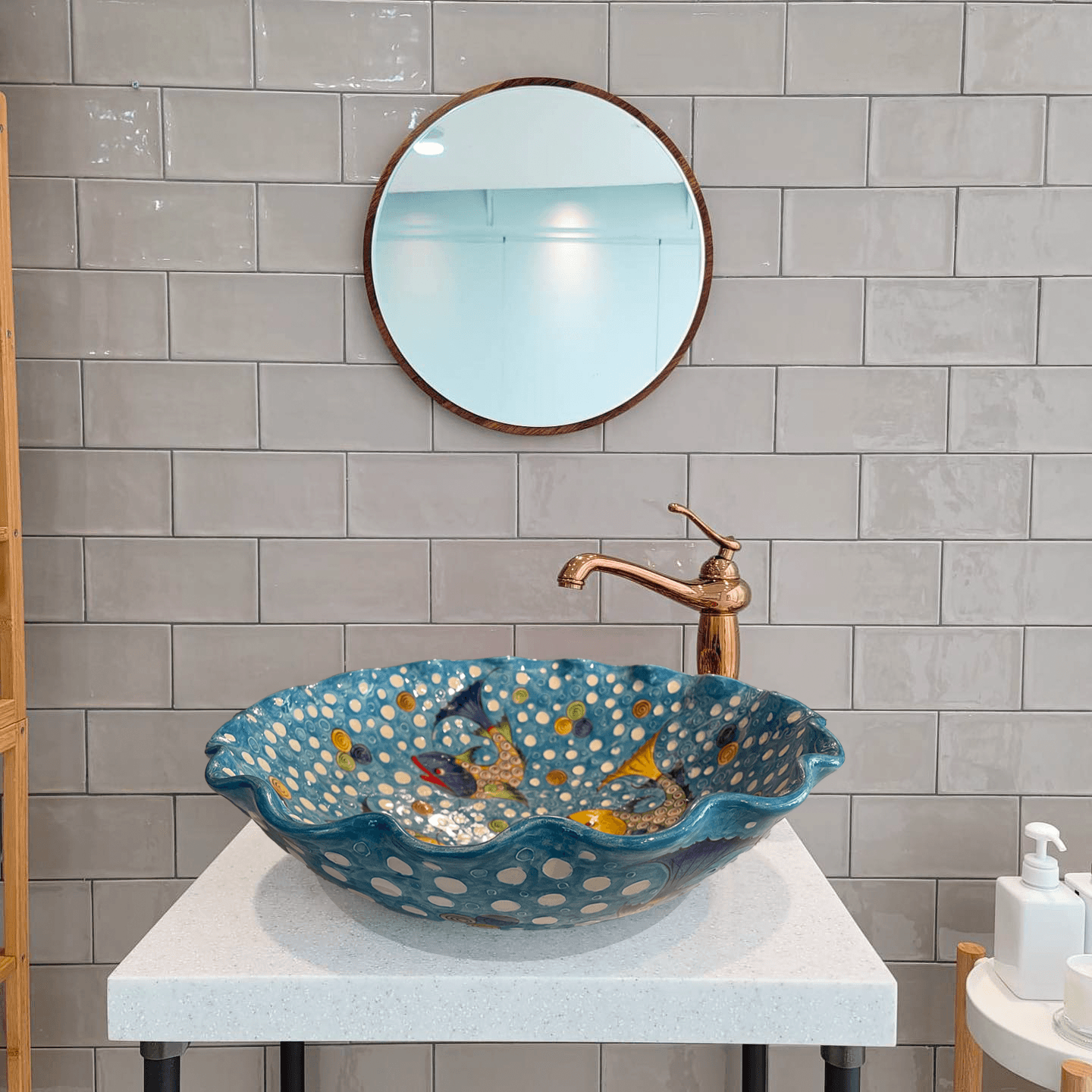 Hand Painted Bathroom Vanity Top Ceramic Vessel Sink - Fishes and White Dots