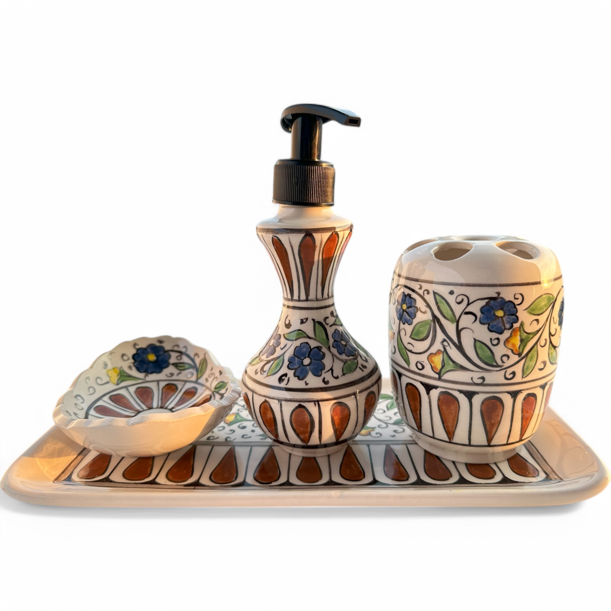 Hand Painted Ceramic Bathroom Accessory Set - Geometric Pattern