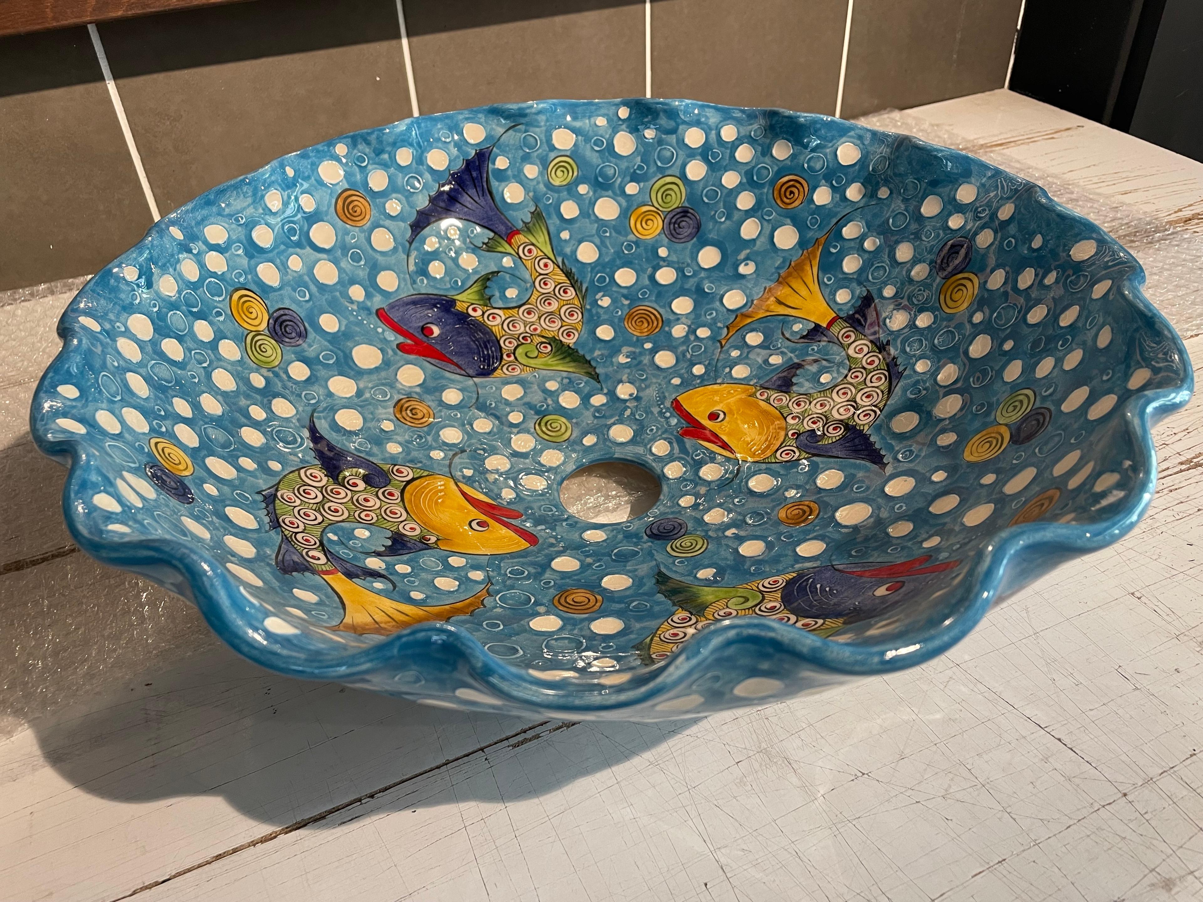 Hand Painted Bathroom Vanity Top Ceramic Vessel Sink - Fishes and White Dots