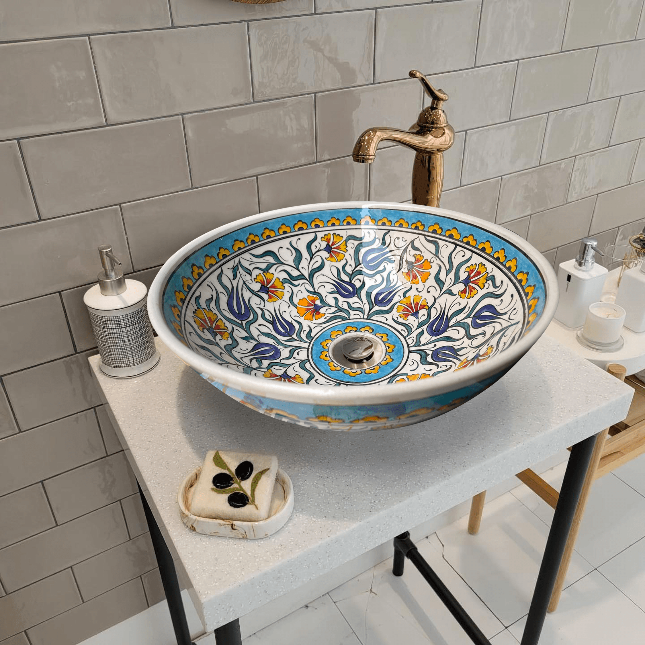 Hand Painted Bathroom Ceramic Vessel Sink Countertop - Multicolor Flowers