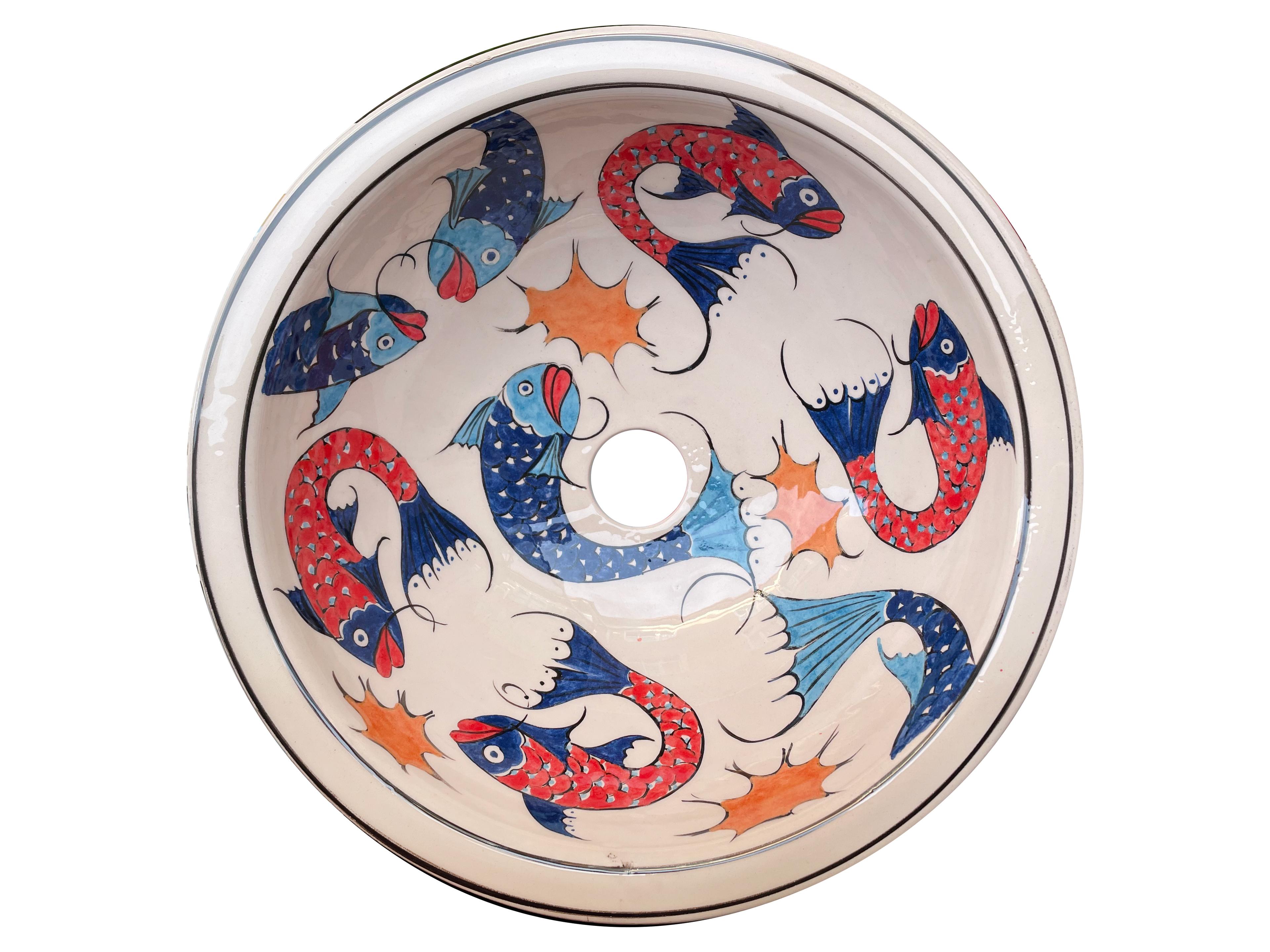 Hand Painted Bathroom Ceramic Vessel Sink Countertop - Fishes