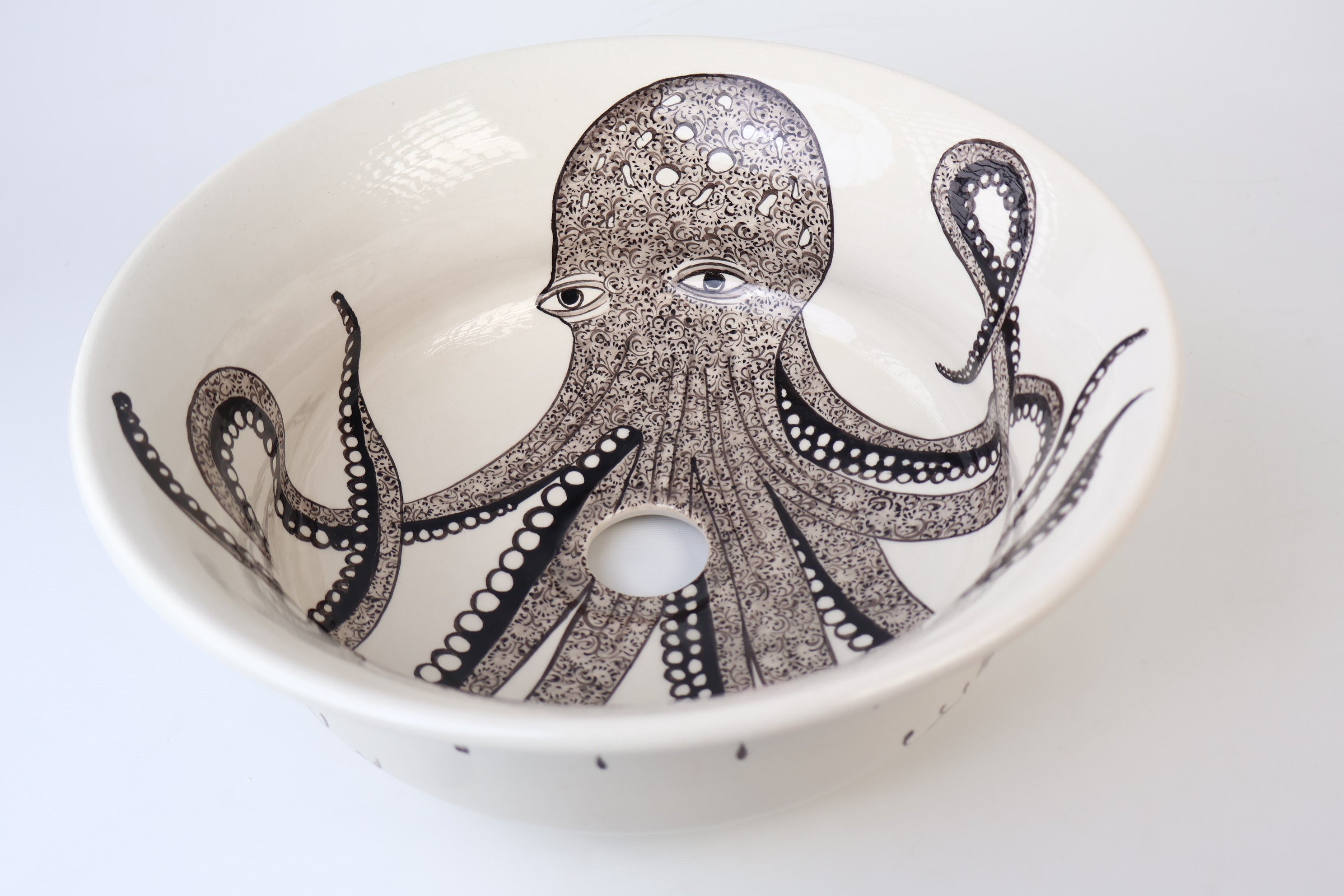 Mediterranean Black Octopus Ceramic Sink - Handmade and Unique