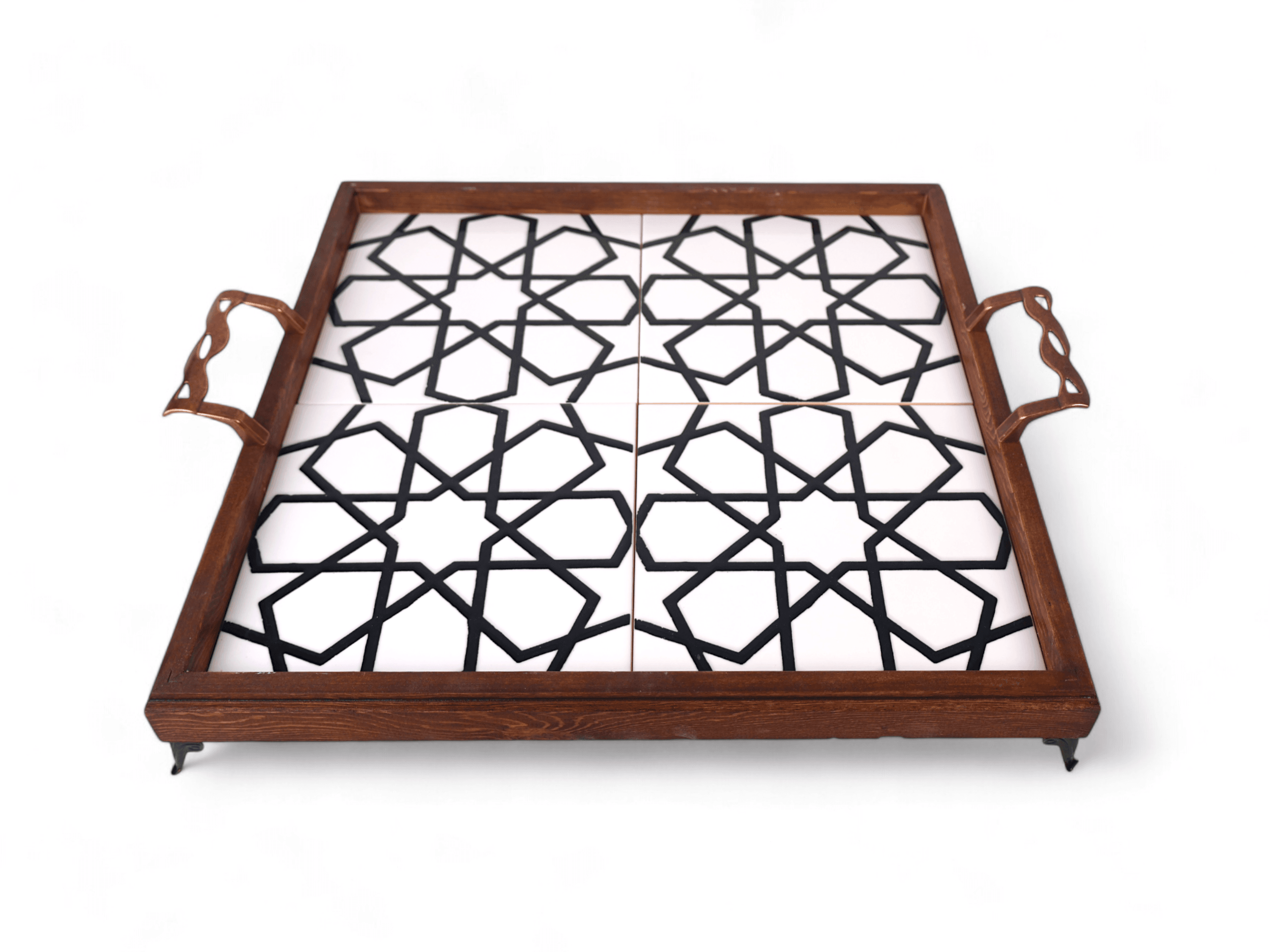 Large Wooden Food Tray with Ornate Tiles | Stylish & Functional Kitchen Decor