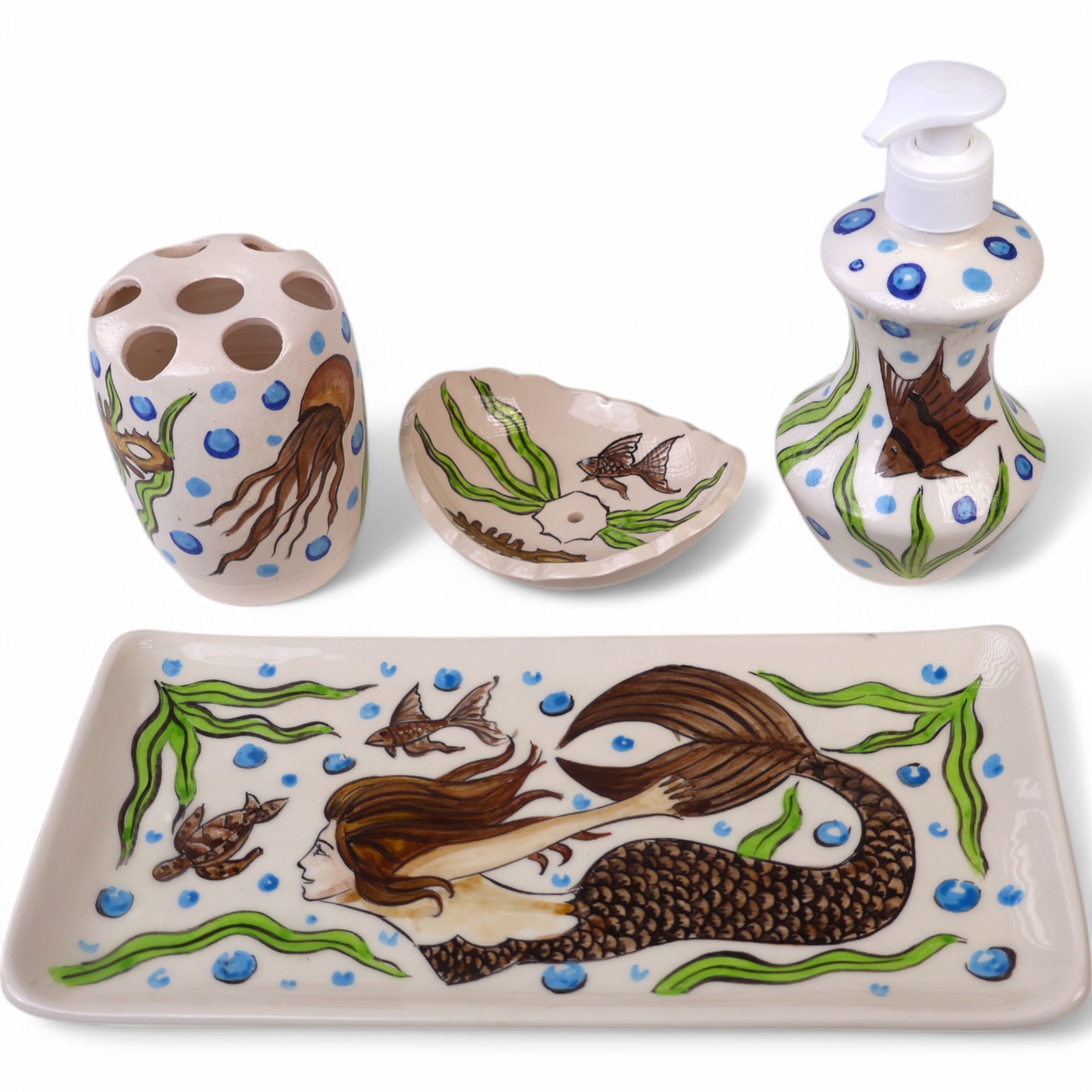 Zeem Ceramic Hand-Painted Bathroom Sets - Mermaid & Jellyfish Premium Handmade Design