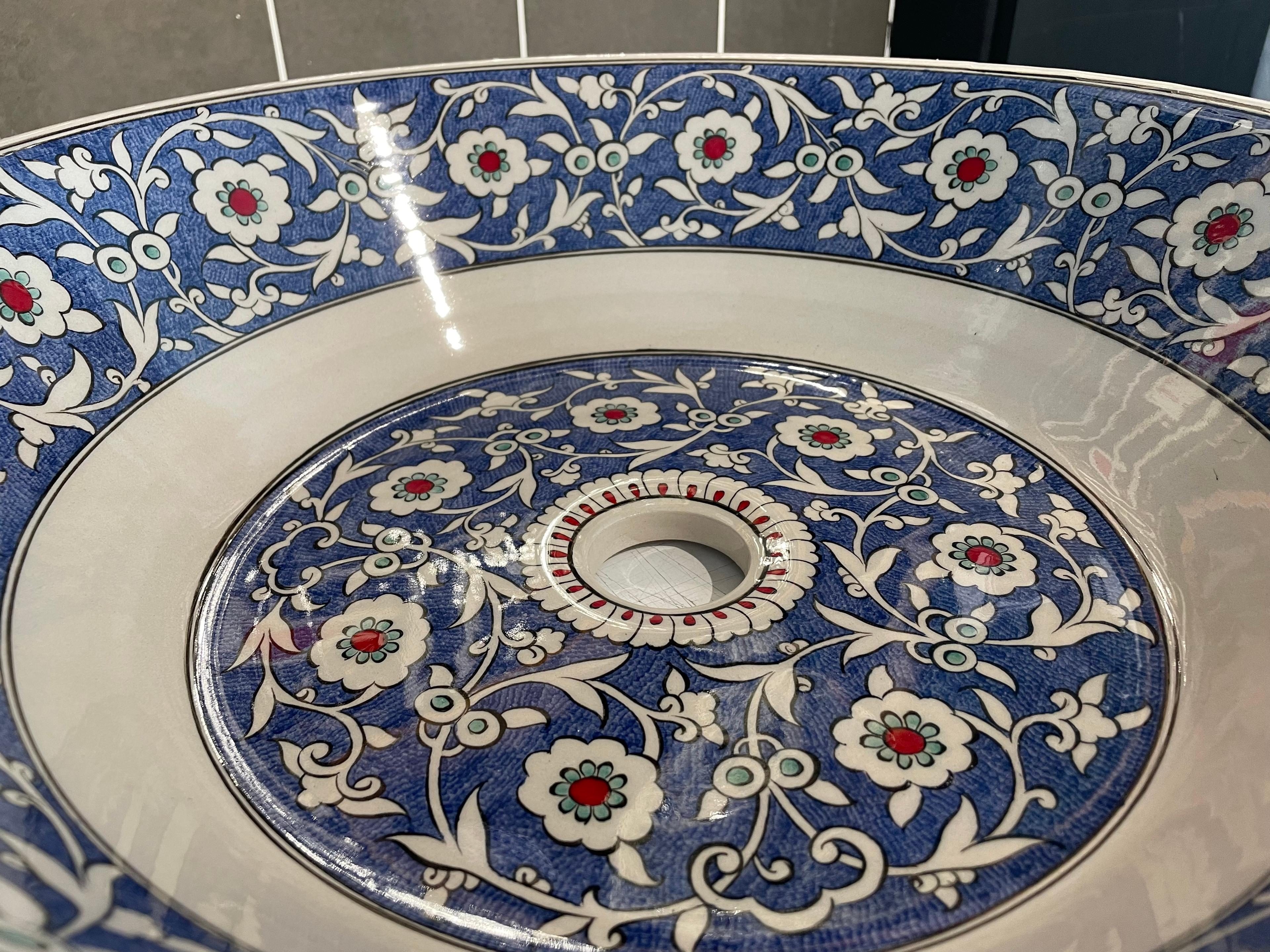 Hand Painted Bathroom Vanity Top Ceramic Vessel Sink - Blue Floral Motifs