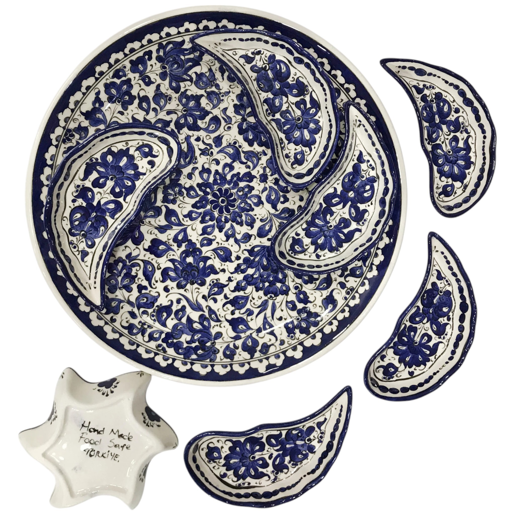 Handmade Multipurpose Ceramic Serving Platter and Dish Set - Chips, Snacks, Dips, Mezes, Breakfast & More | Zeem Ceramic - Navy Blue Lotus