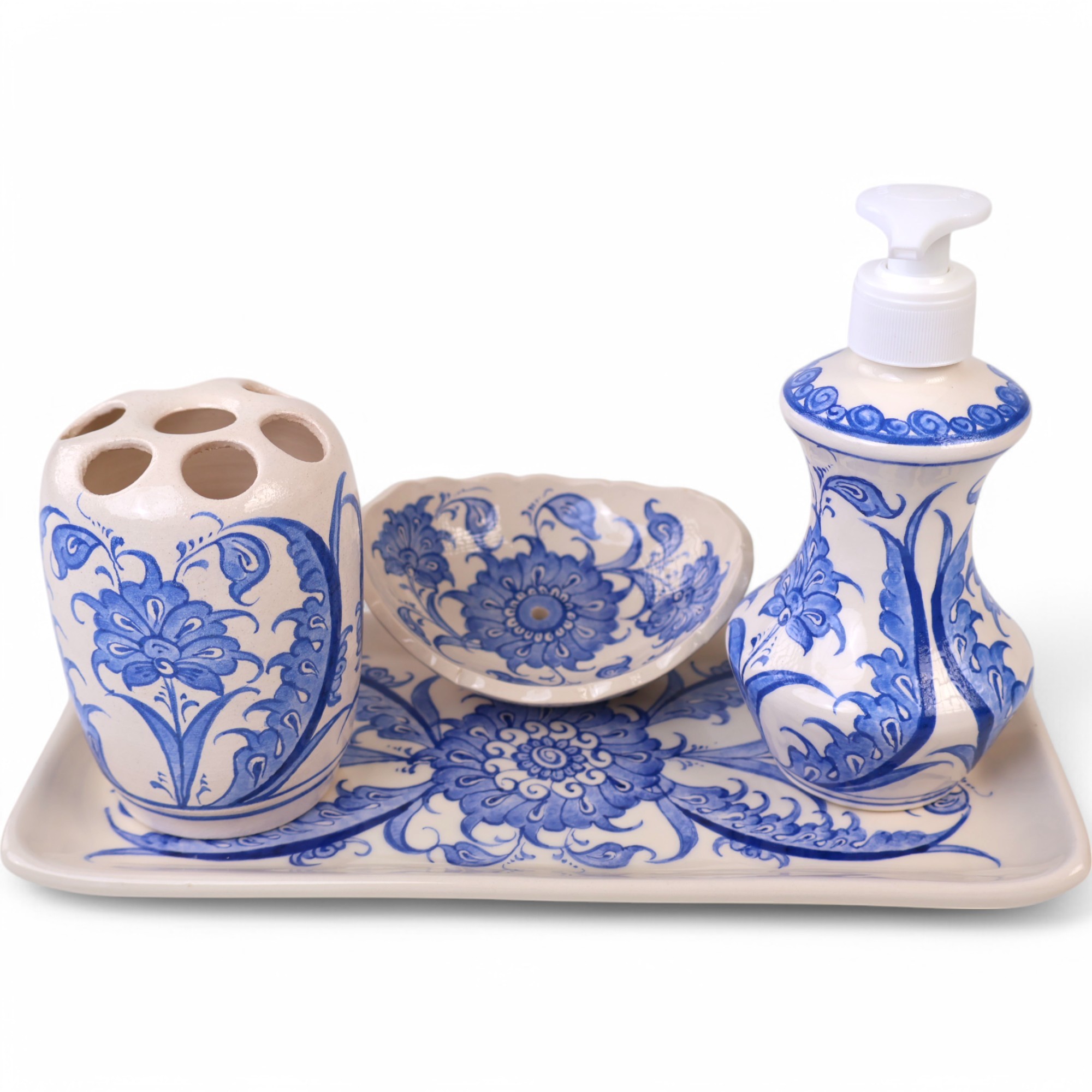 Zeem Ceramic Handcrafted Bathroom Decor - Artistic Ceramic Sets - Blue Flowers