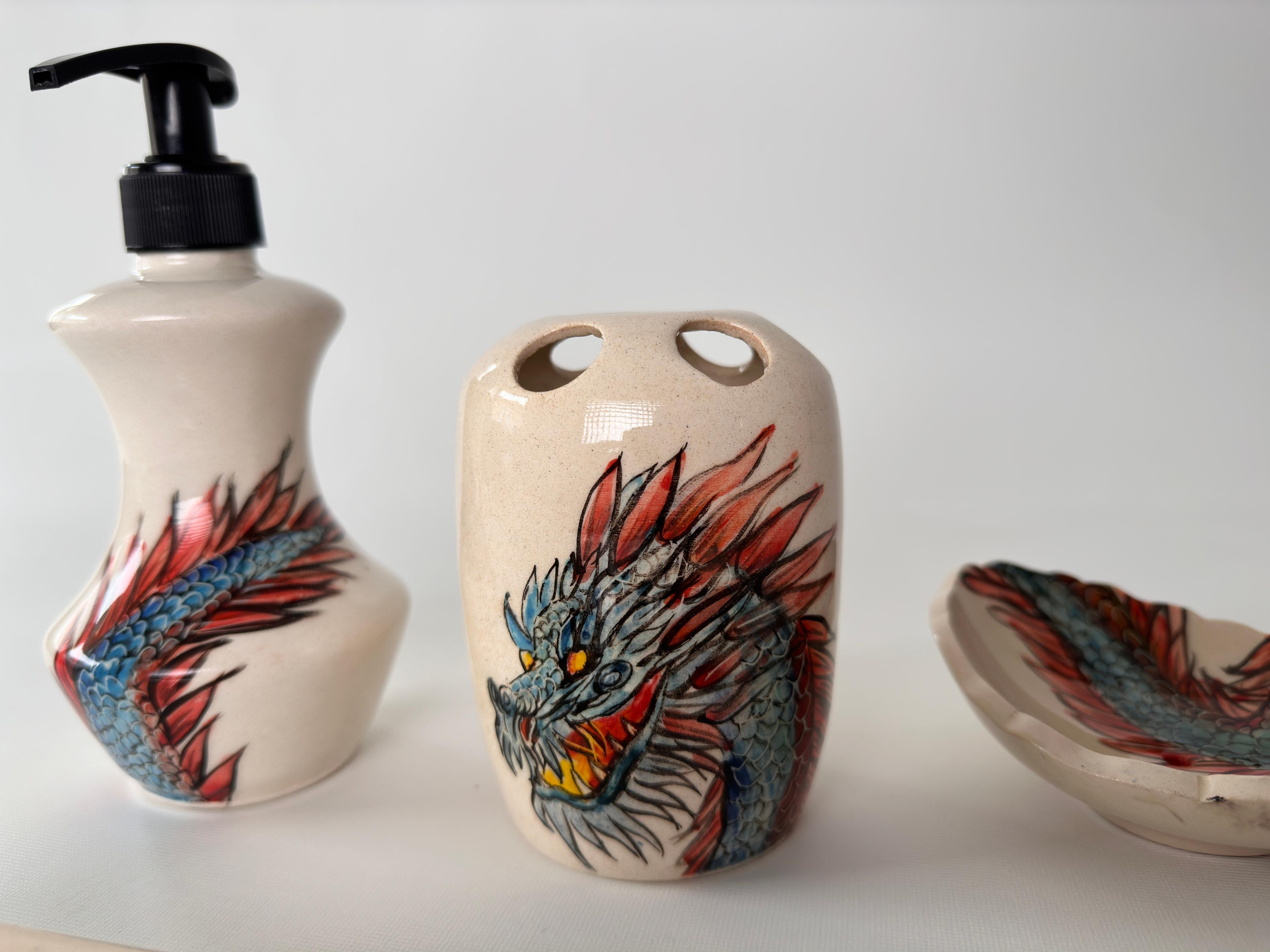 Hand Painted Ceramic Bathroom Accessory Set - Dragon and Phoenix