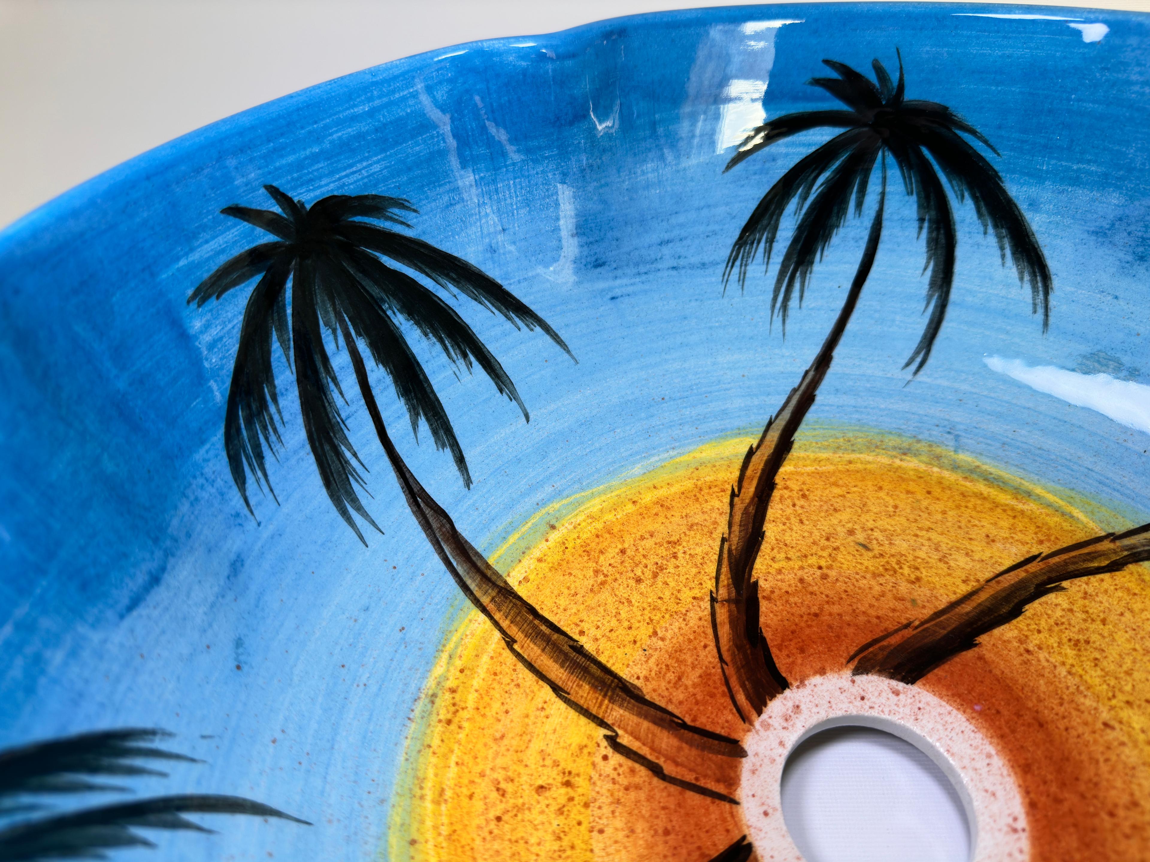 Hand Painted Above Counter Bathroom Flower Shaped Sink - Palm Trees and Waves