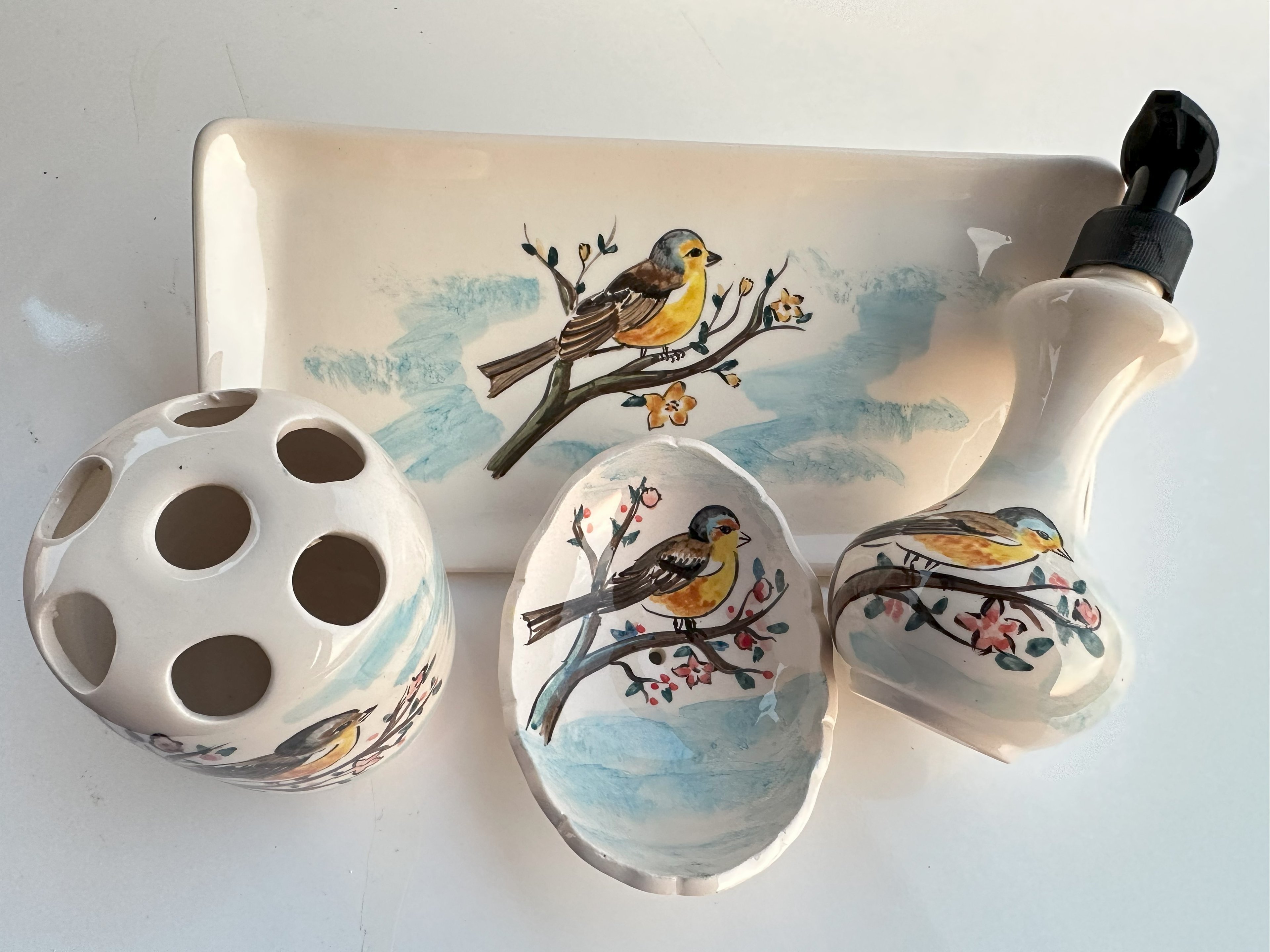 Hand Painted Ceramic Bathroom Accessory Set - Birds in the Sakura