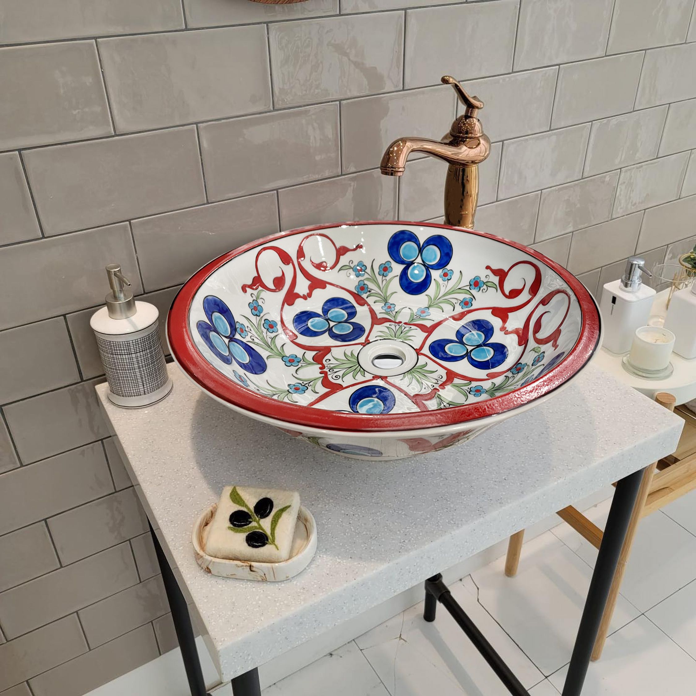 Hand Painted Bathroom Vanity Top Ceramic Vessel Sink - Cintemani and Evil Eye