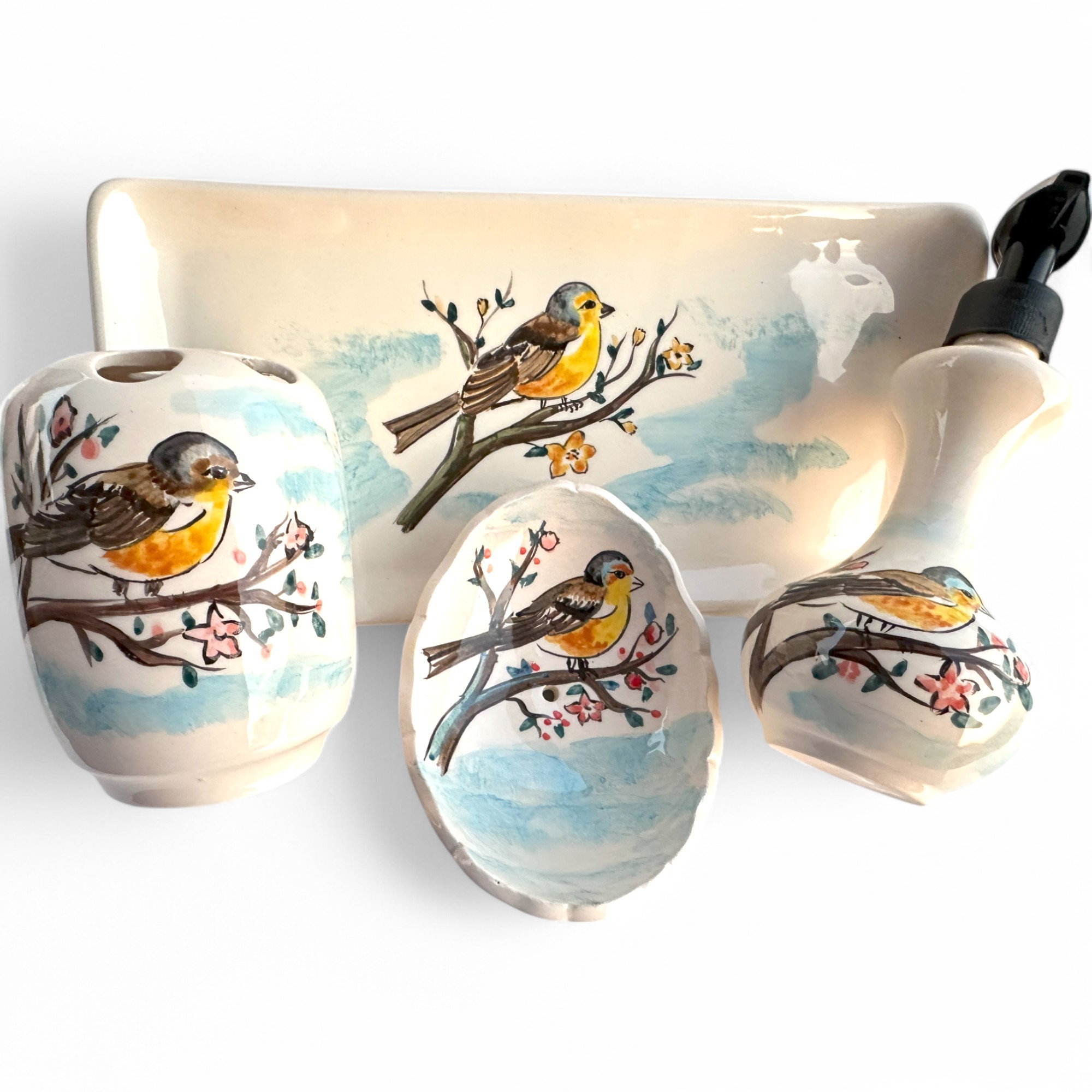 Hand Painted Ceramic Bathroom Accessory Set - Birds in the Sakura