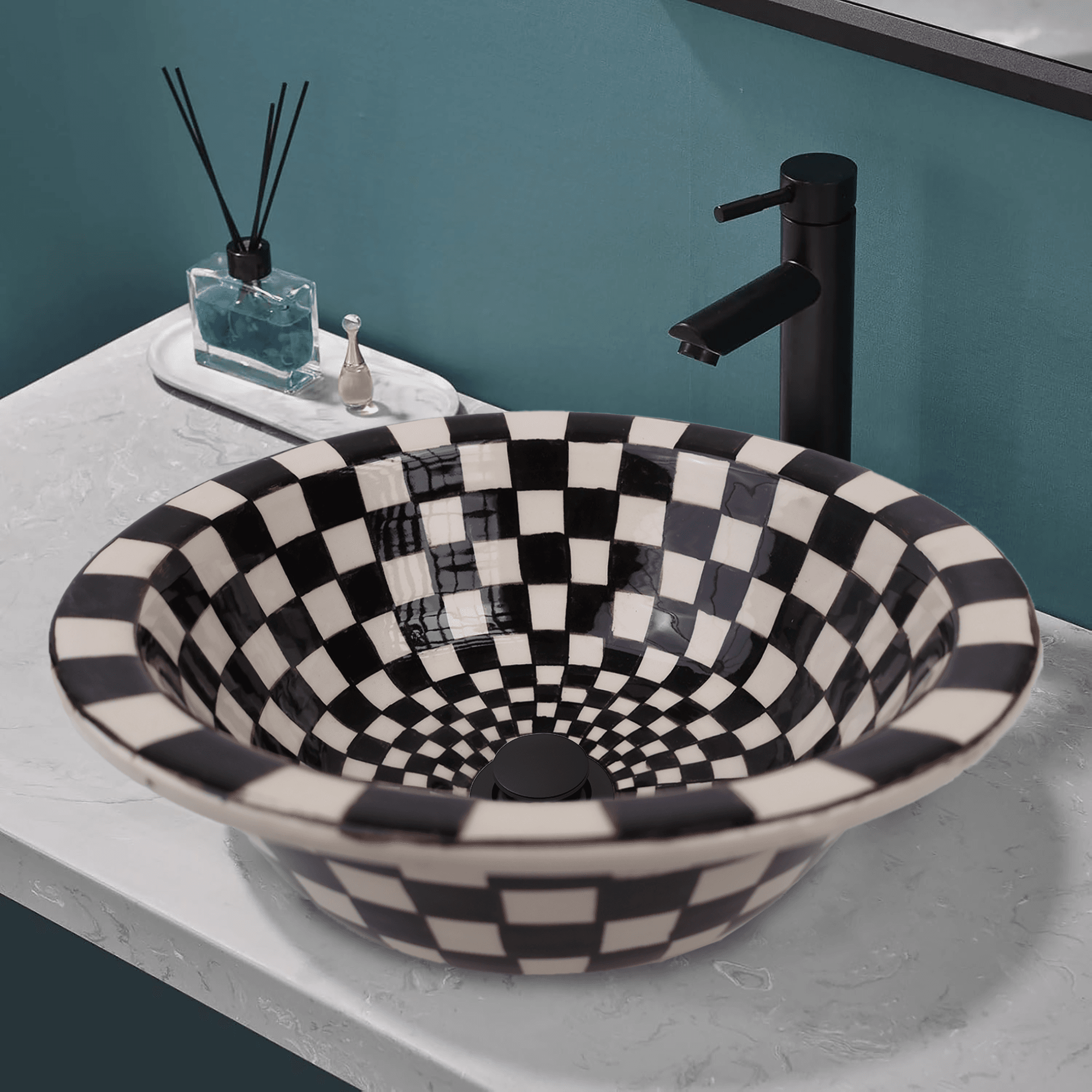 Artisan Crafted Ceramic Sink with Black And White Checkered Pattern