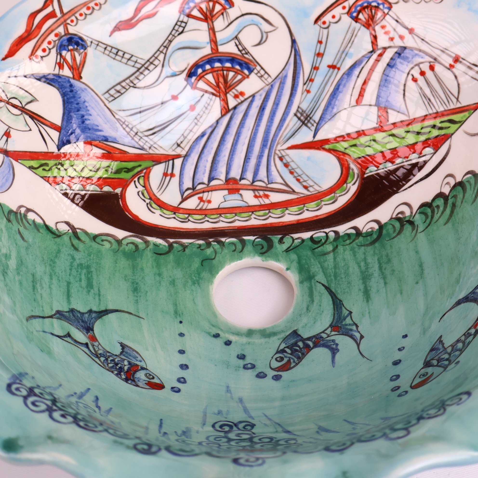 Hand-Painted Nautical Ceramic Sink - Turkish Ceramic Bowl Sink | Iznik-Inspired Bathroom Sink for Remodeling with Maritime Decor