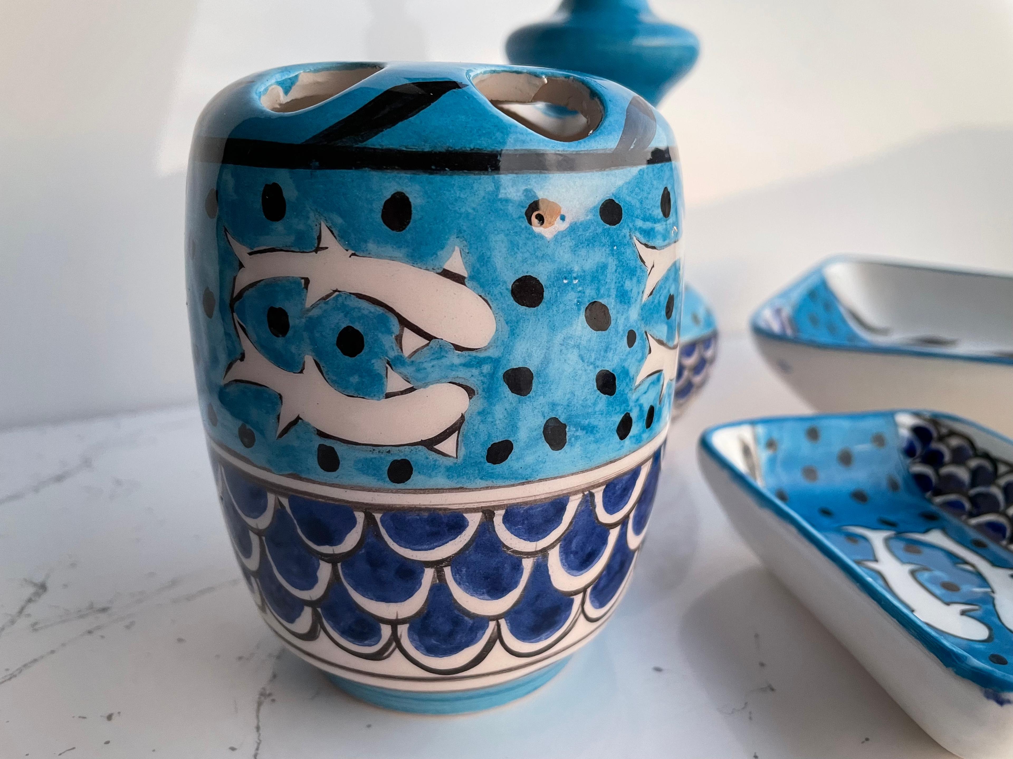 Hand Painted Ceramic Bathroom Accessory Set - Sharks in the Ocean