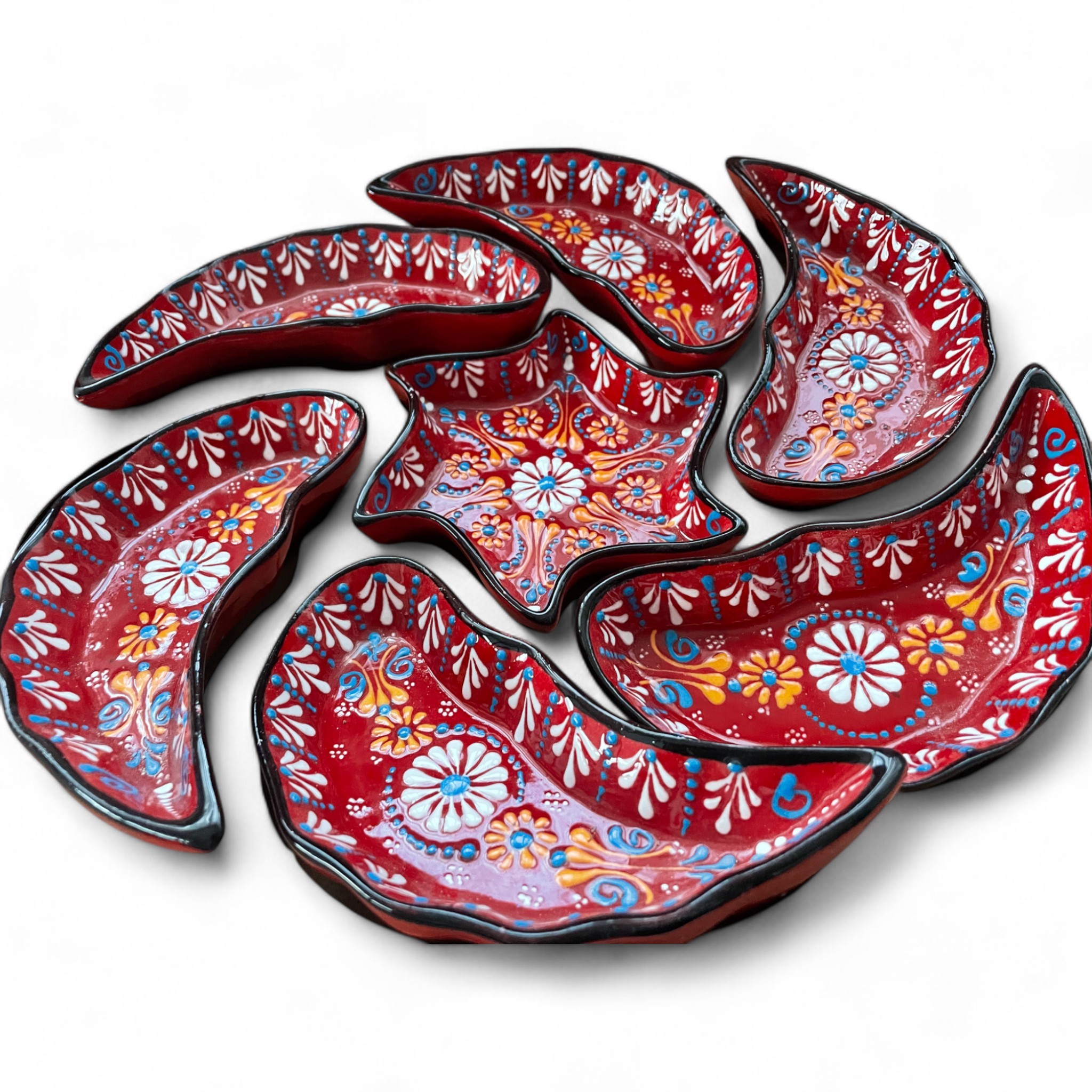 Handcrafted Snack, Nuts Serving Platter and Crudite Dish Set - Raised Relief Pattern - Red