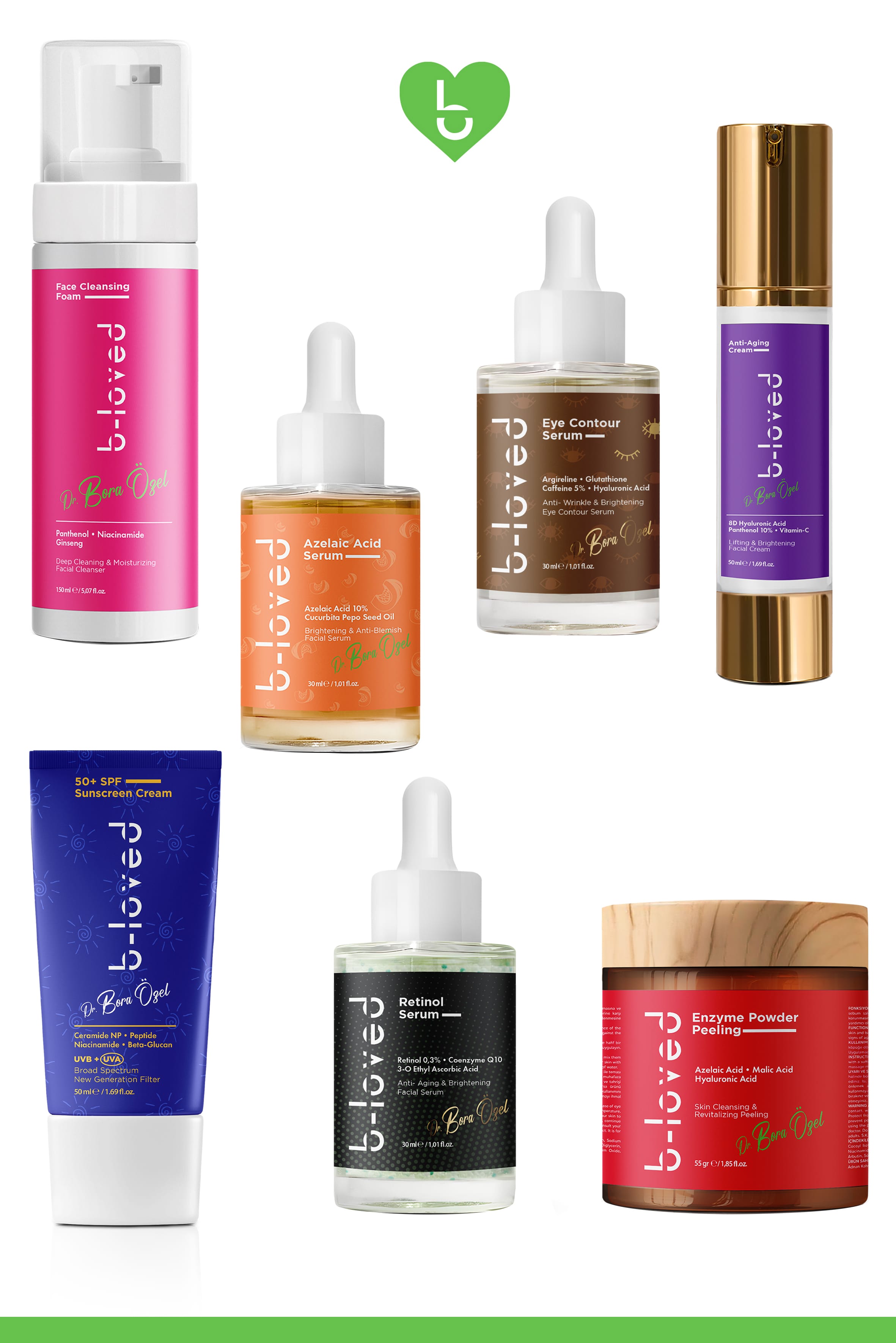 7’li Göz Çevresi & Cilt Bakım Seti +50SPF Güneş Kremi, Caffeine 5%& Retinol % 0.3& %10 Azelaik Asit, Hyaluronic Acid, Malik Asit