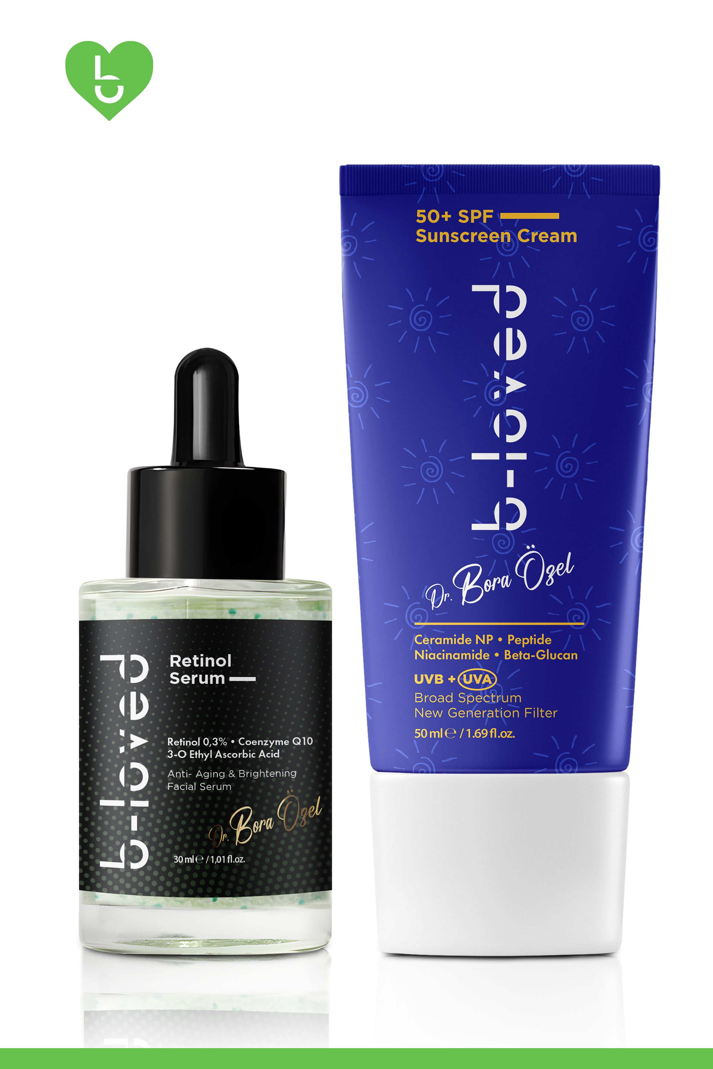 Retinol Serum + Güneş Kremi SPF 50+ ikili Cilt Yenileme & UV Koruması