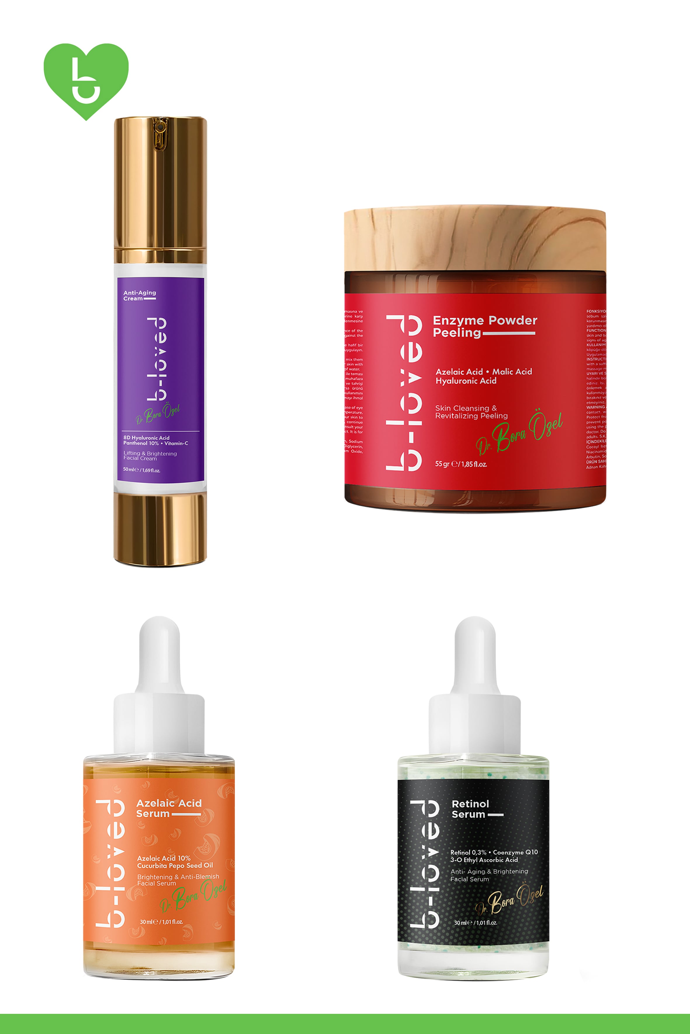 B Loved 4'lü Cilt Yenileme Seti | Retinol, Azelaik Asit, Enzim & Anti-Aging