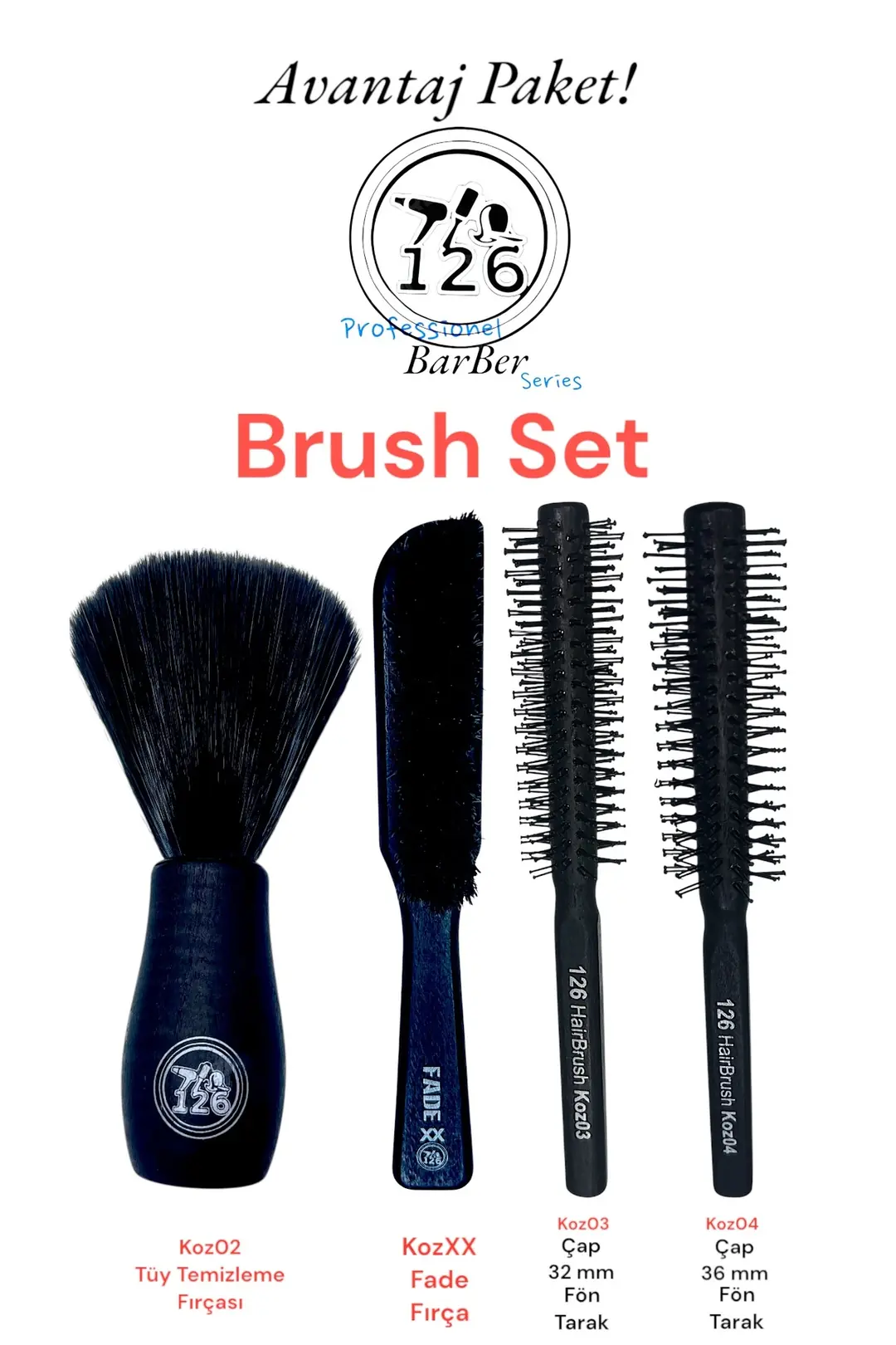 126 HairBrush Seti Koz01 Ense Fırçası , KozXX Fade Fırça, Koz03 Koz04