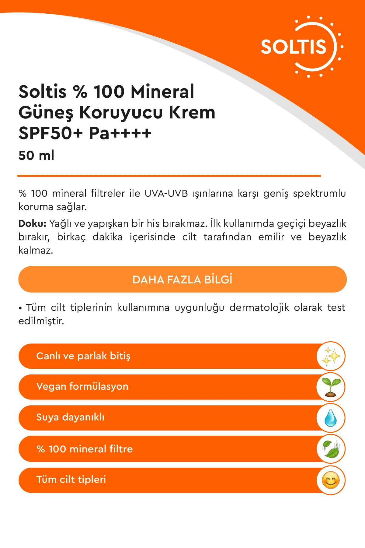 Soltis % 100 Mineral Güneş Koruyucu Krem SPF50+ Pa++++
