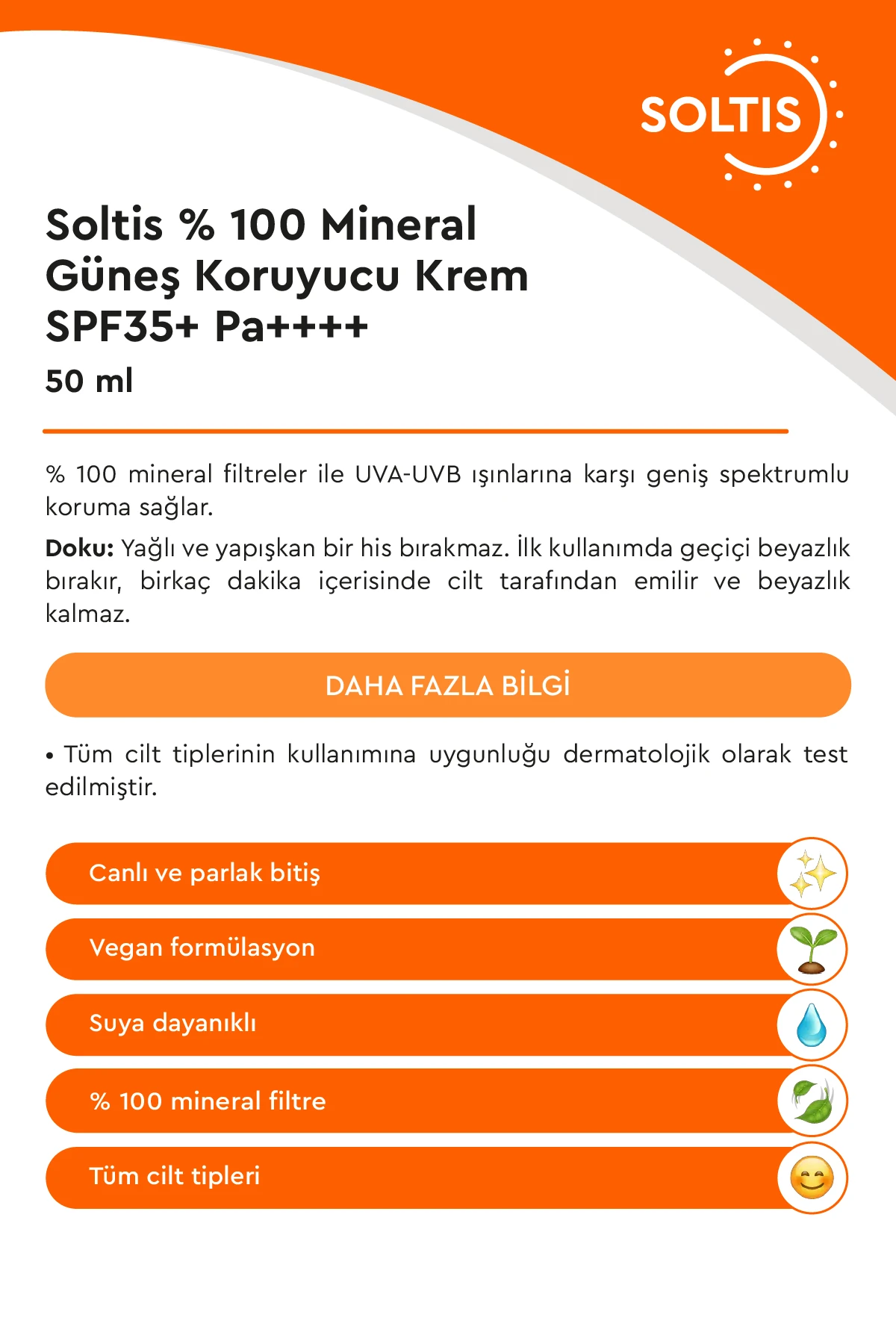 Soltis % 100 Mineral Güneş Koruyucu Krem SPF35+ Pa++++