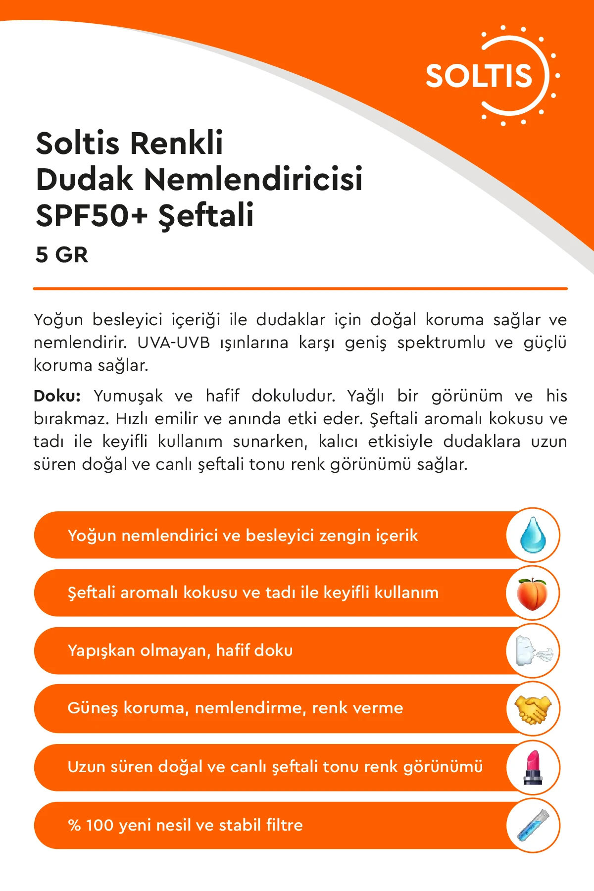 Soltis Dudak Nemlendiricisi SPF50+ - Şeftali