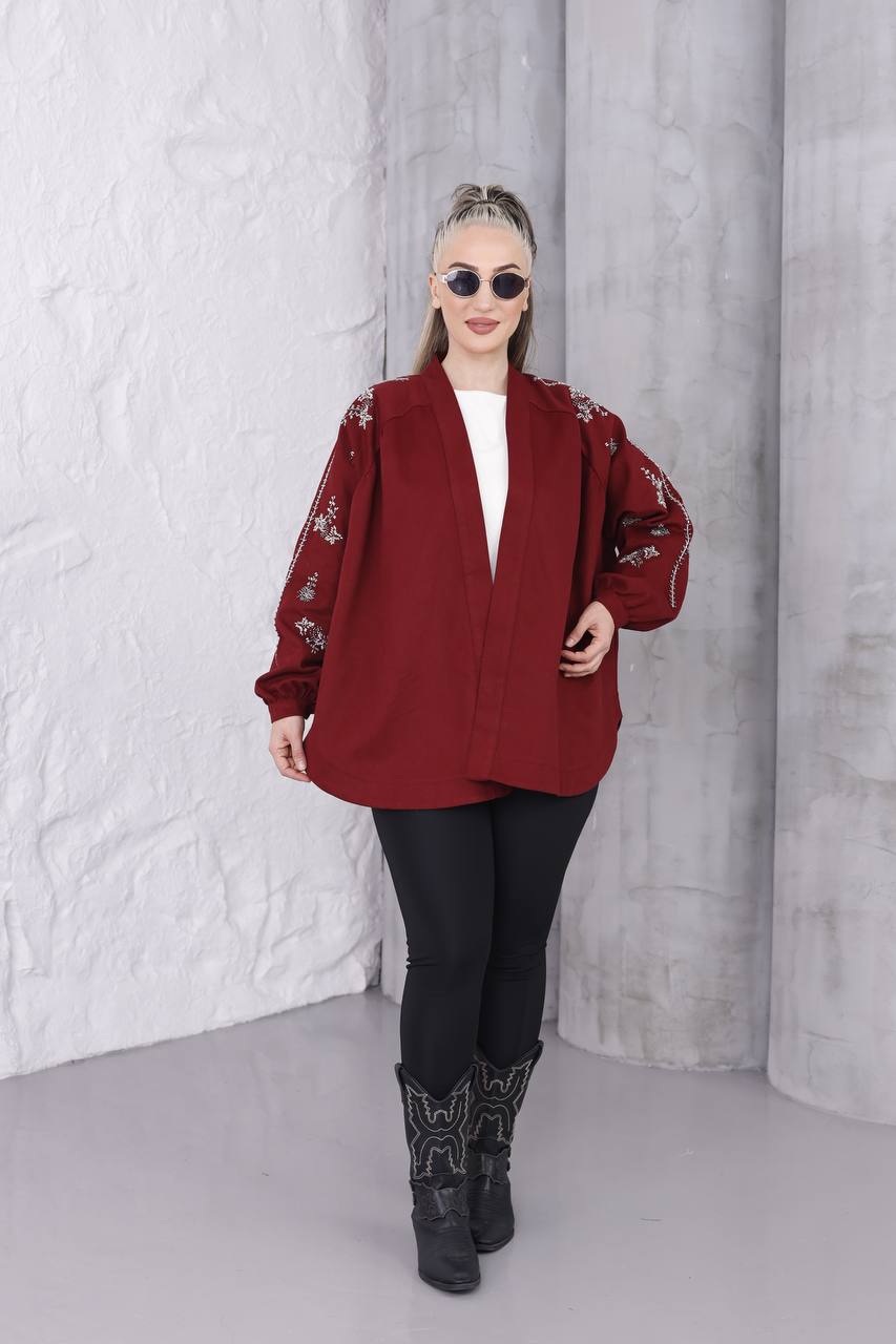 El İşi Boncuk İşlemeli Gabardin Ceket