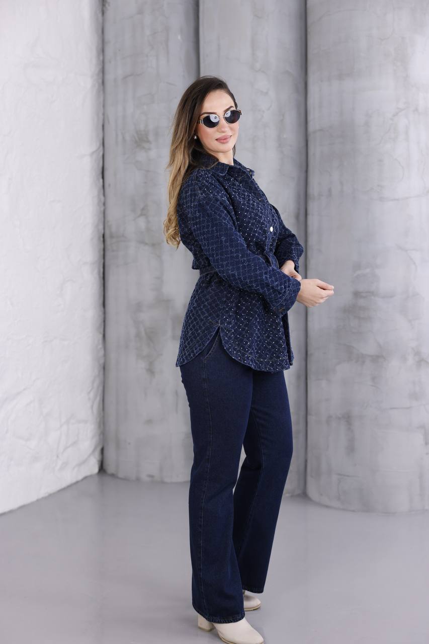 Genç Büyük Beden Swarovski Taşlı Premium Jean Tunik Takım