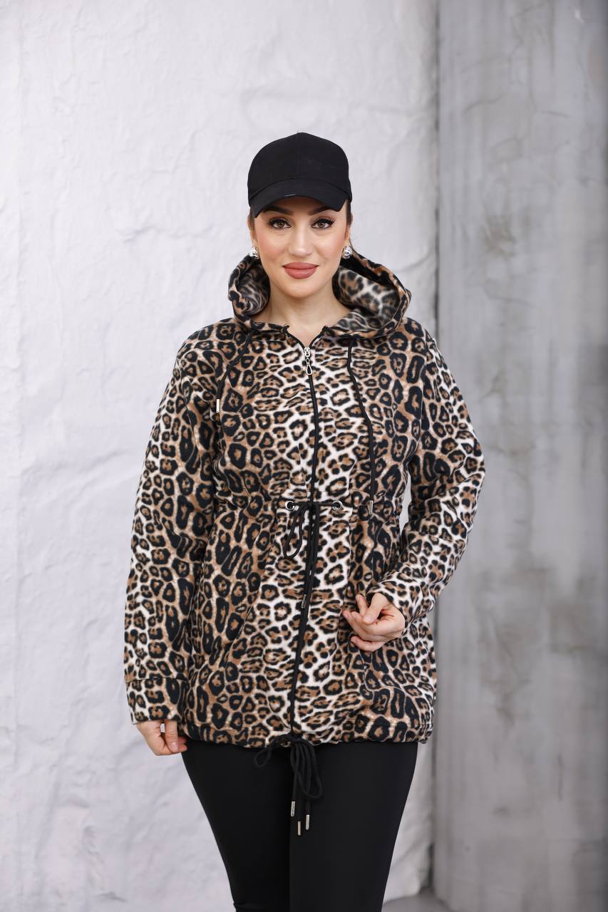  Sıcak Tutan Leopar Polar Kapüşonlu Fermuarlı Sweatshirt