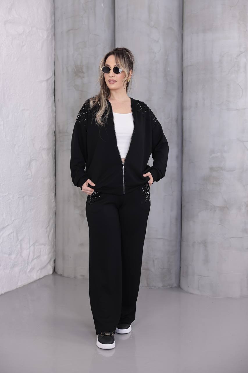 Taş ve İnci İşlemeli Fermuarlı Eşofman Takım - Siyah