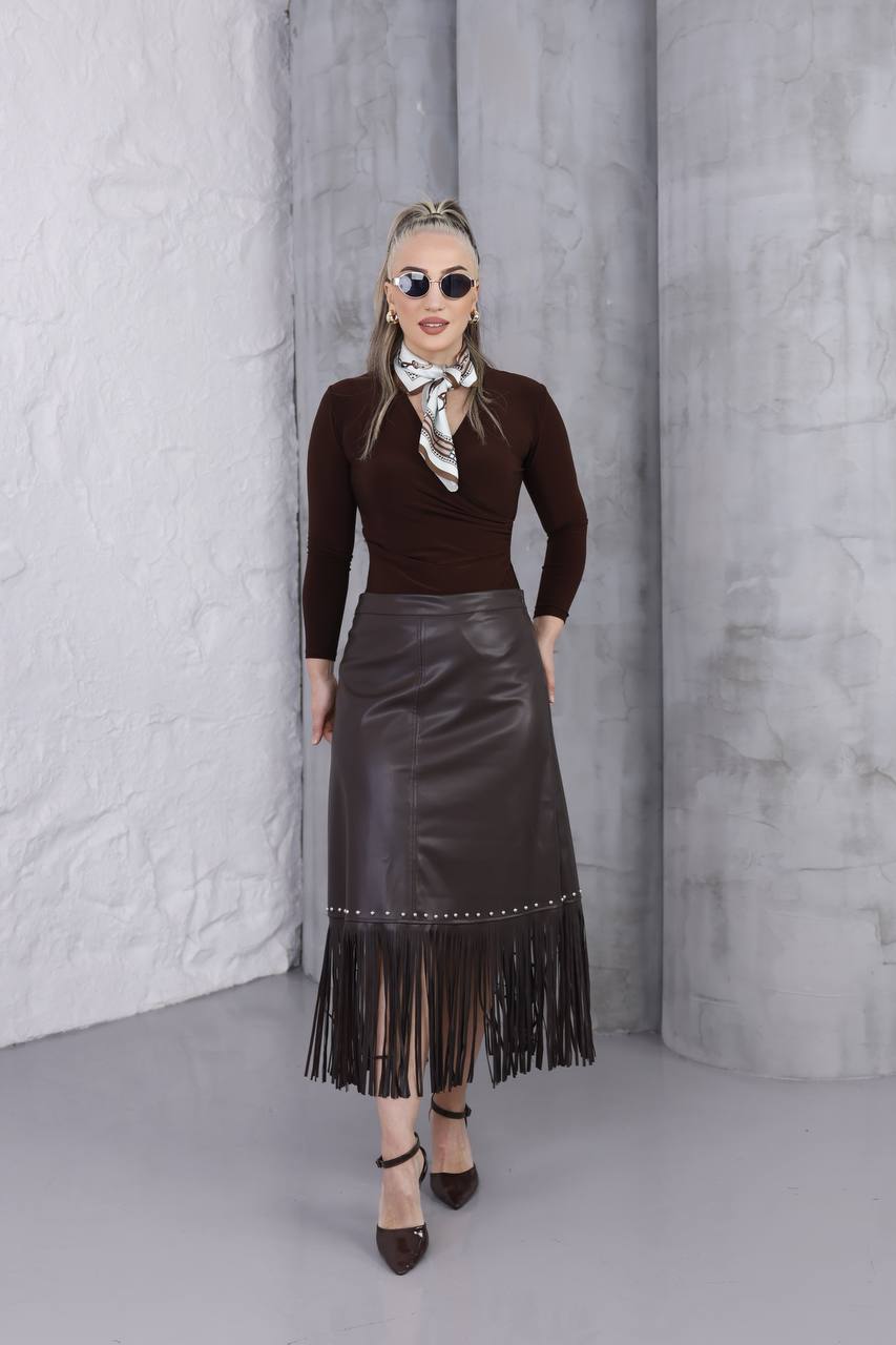 Püsküllü Deri Uzun Etek 