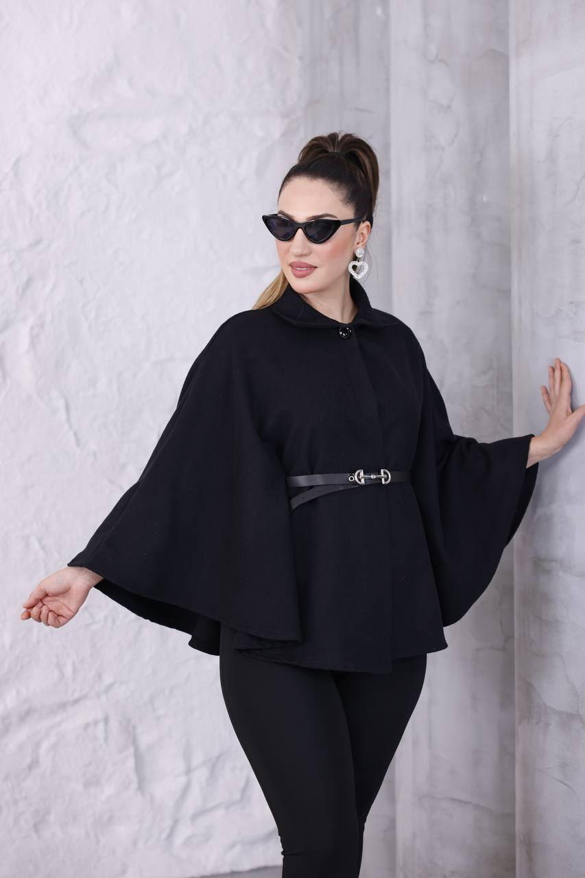 Premium Kaşe Kemerli Panço  - Siyah