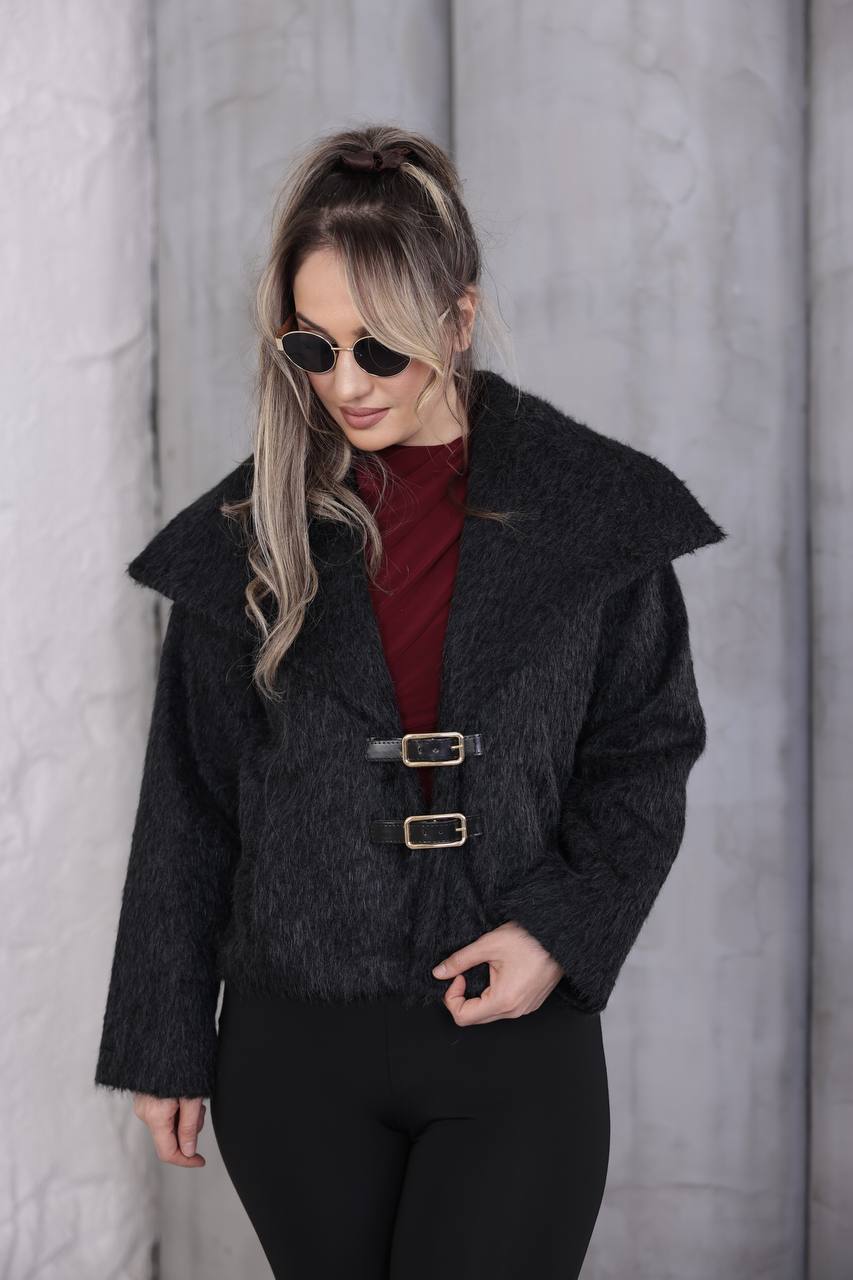 Premium Kaşmir Deri Tokalı Kısa Ceket - Siyah