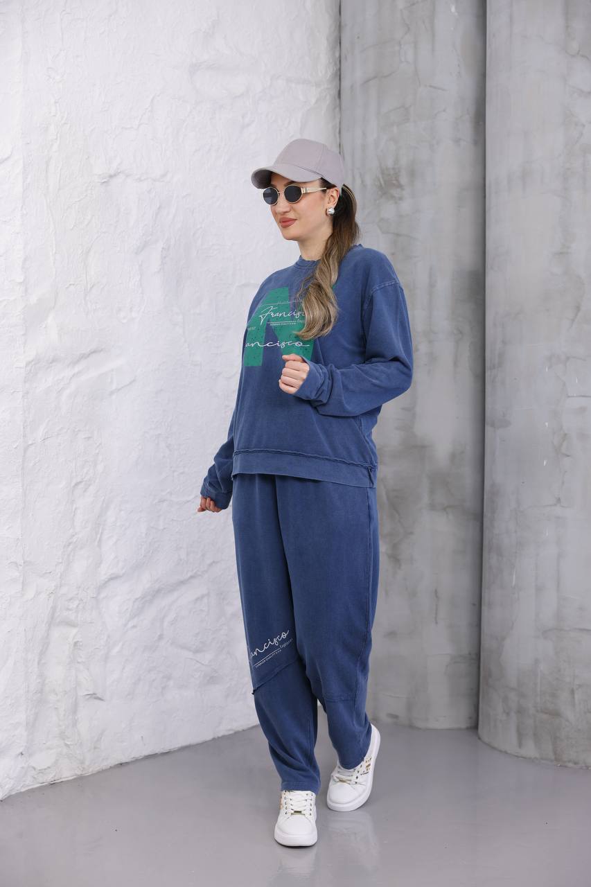 Yıkamalı Baskılı 2 İplik Eşofman Takım - mavi̇