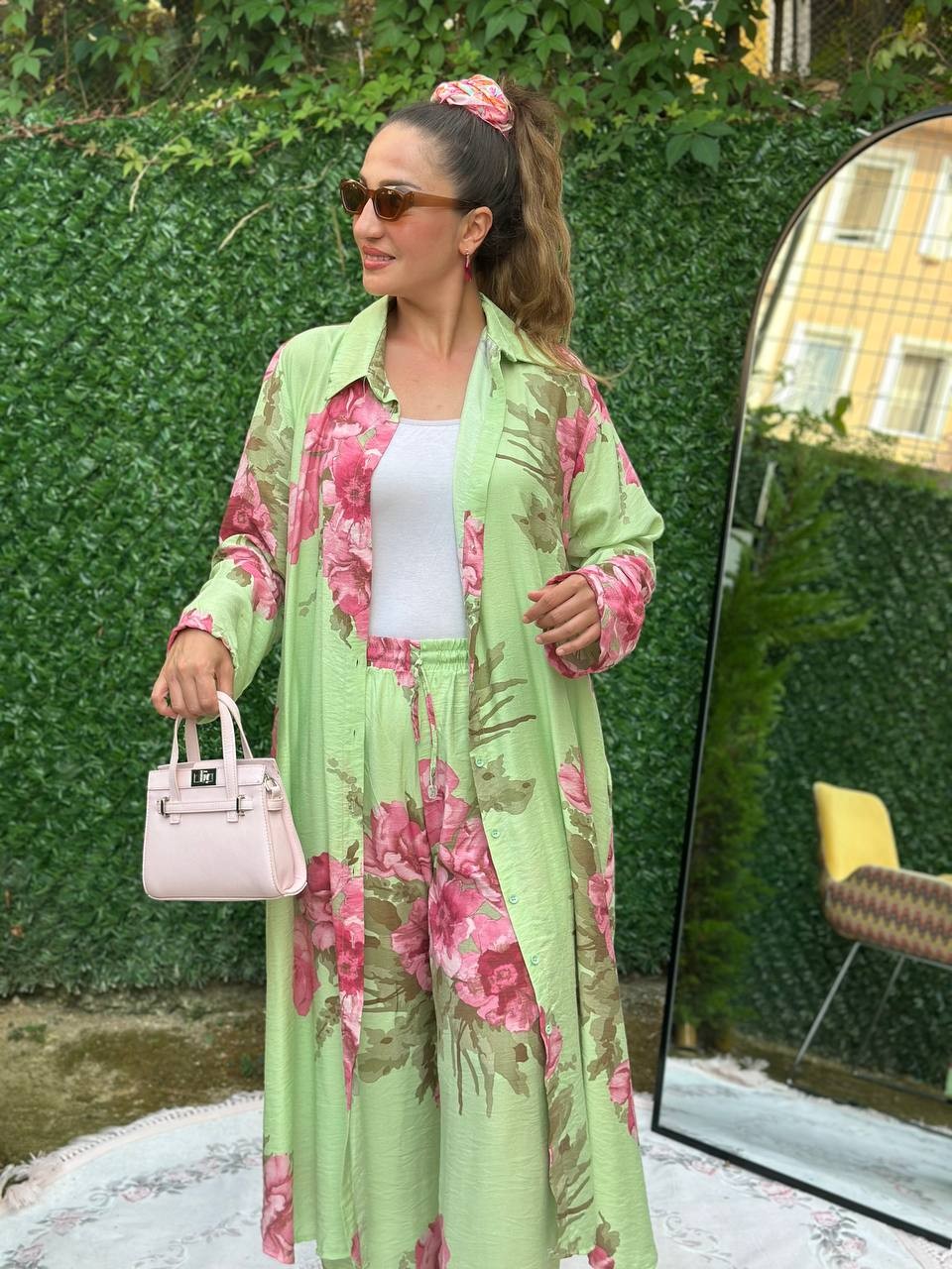 Çiçek Desenli Tunic Pantolon İkili Takım - Yeşil