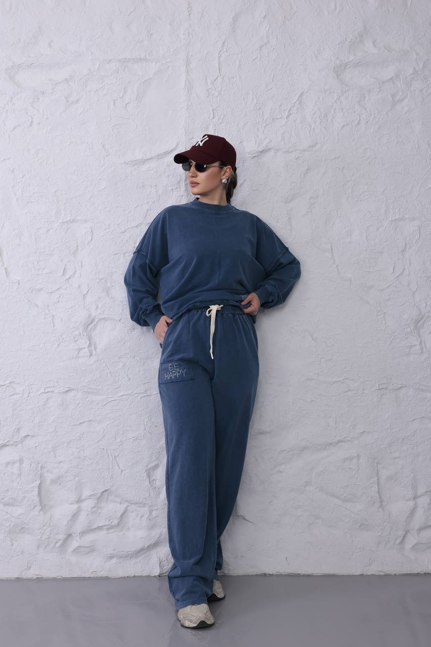 Yıkamalı Taşlı Oversize Salaş Eşofman Takımı  - Lacivert
