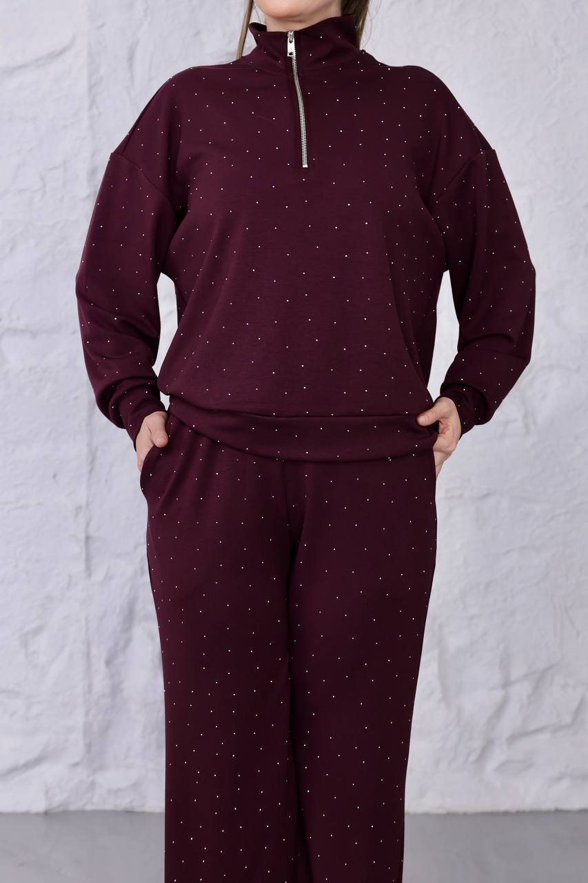 Taş Detaylı Likralı O.Y.Ş Kumaş Fermuarlı Eşofman Takımı