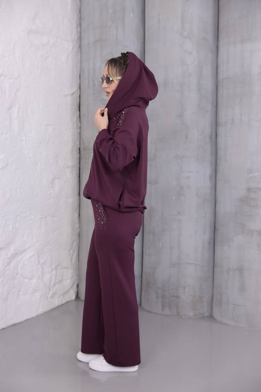 Taş ve İnci İşlemeli Fermuarlı Eşofman Takım - Bordo