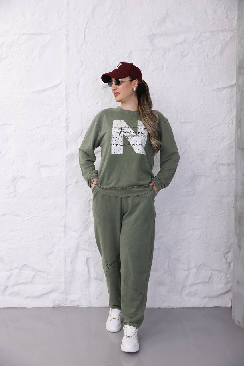 Yıkamalı Baskılı 2 İplik Eşofman Takım - Haki