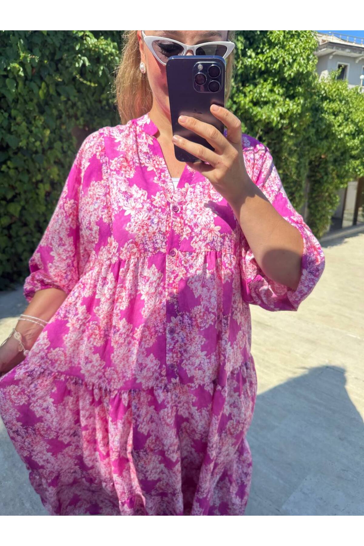 Çiçek Desenli Salaş Uzun Balon Kol Elbise