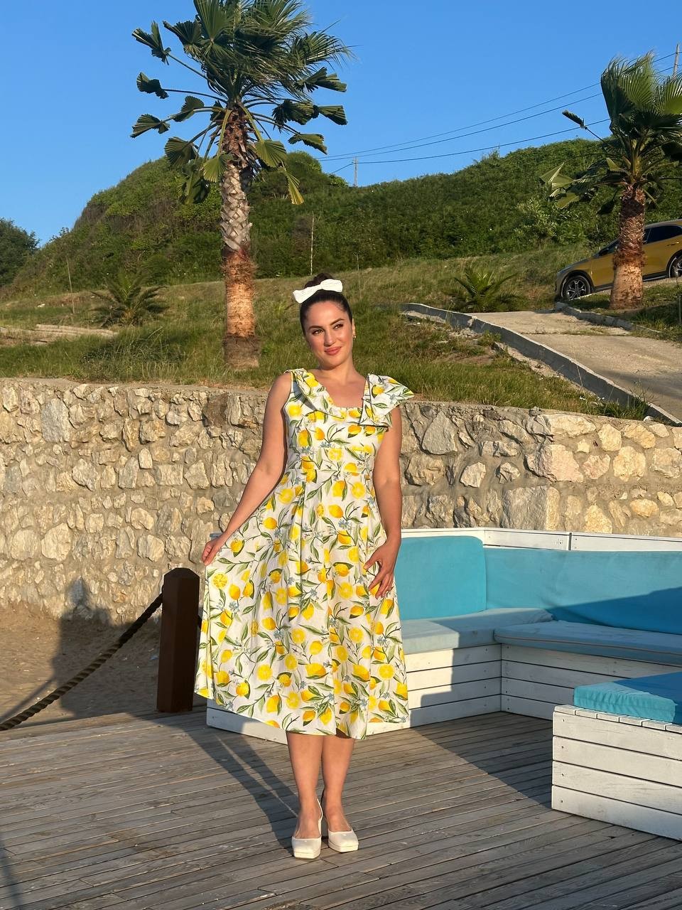 Limon Desenli Fiyonklu Elbise
