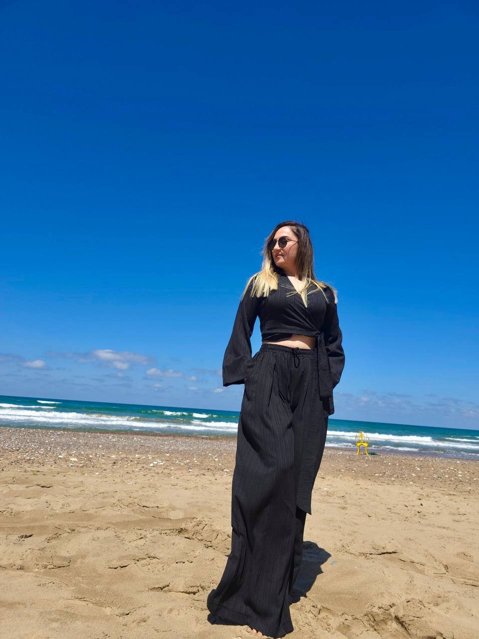 Gofre Tasarım Siyah Bluz PantolonTakım