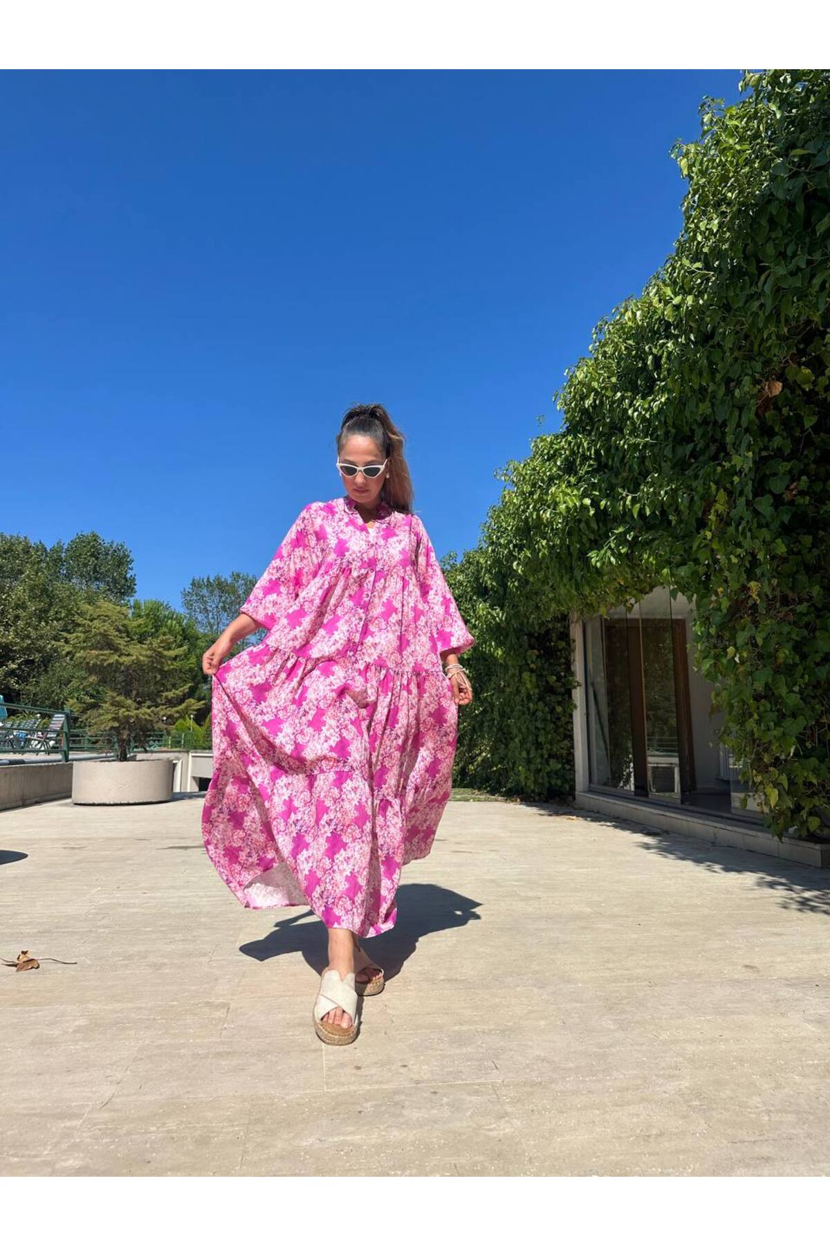 Çiçek Desenli Salaş Uzun Balon Kol Elbise