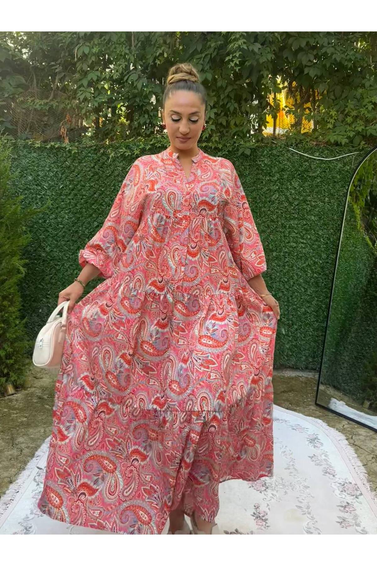 Çiçek Desenli Salaş Uzun Balon Kol Elbise - kırmızı