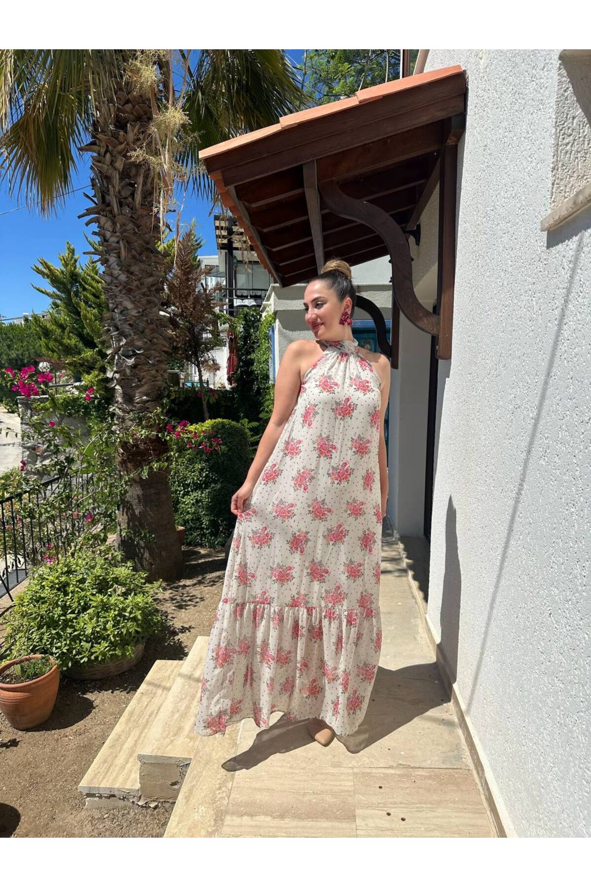 İthal Şifon Astarlı Uzun Boyundan Bağlamalı Elbise