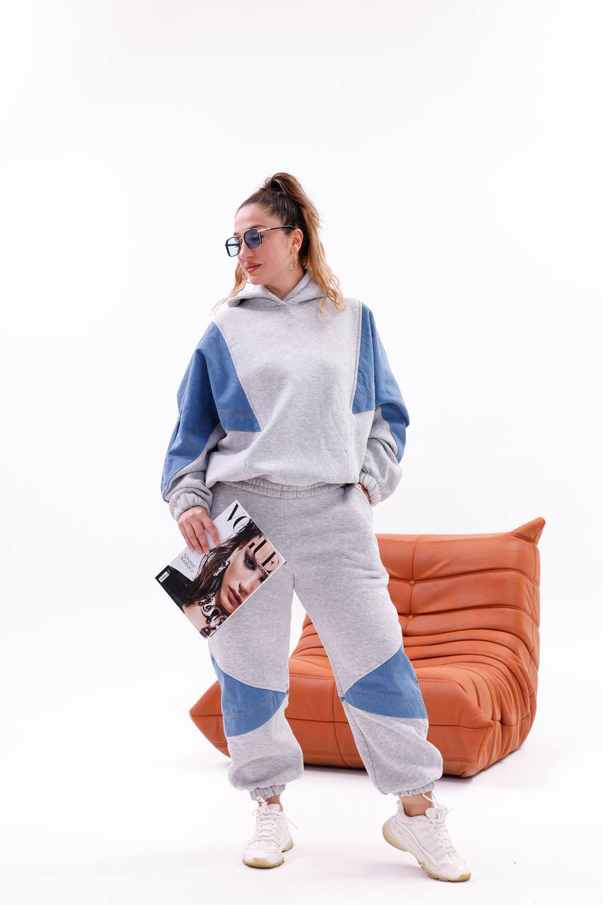 Tasarım Kapşonlu Oversize Jean Detaylı Sweatshırt Eşofman Takım